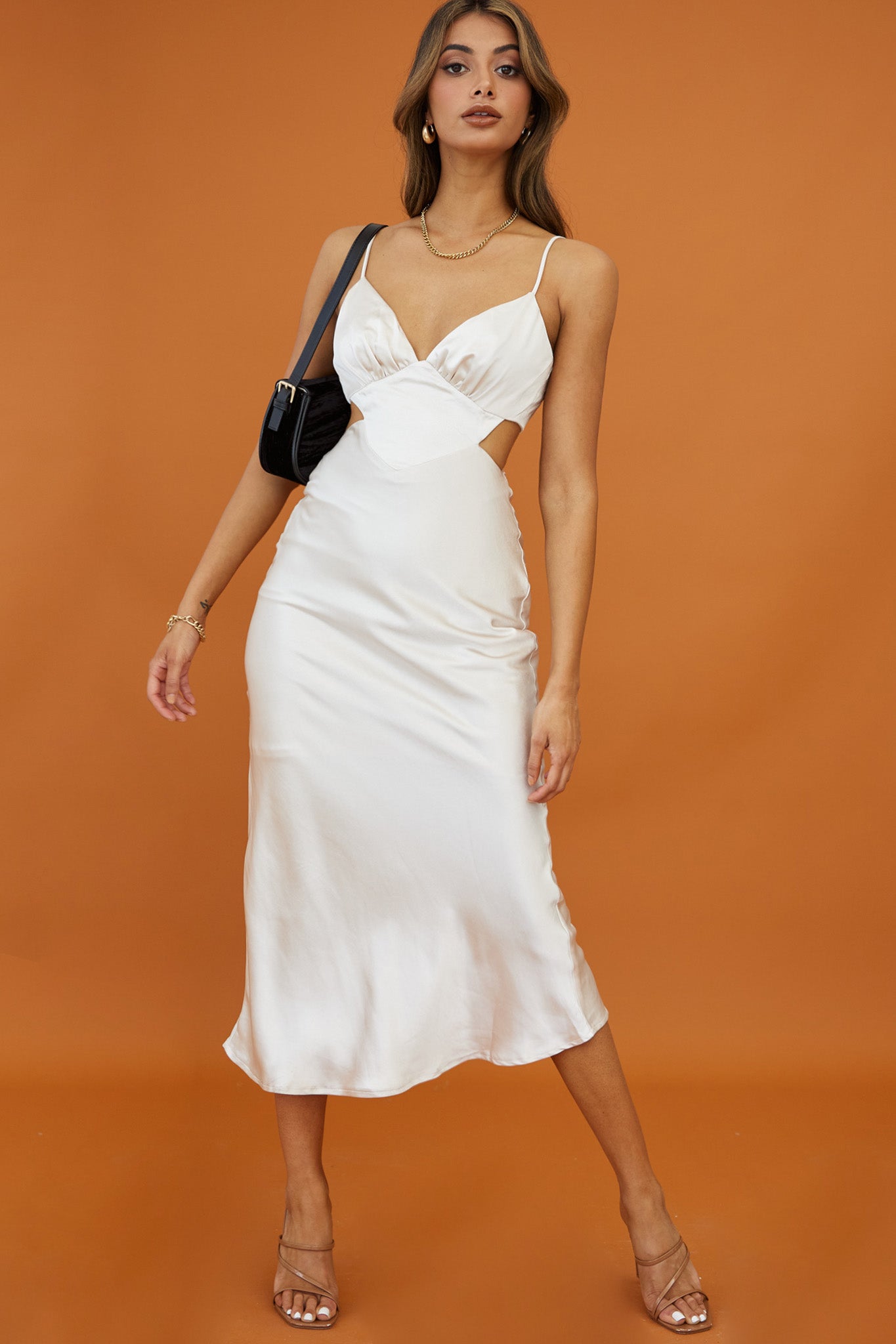 City Lights Cut-Out Waist Strappy Back Midi Dress Champagne-Maymioy