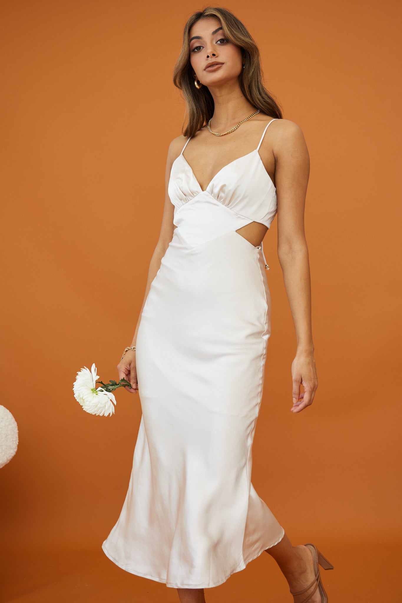 City Lights Cut-Out Waist Strappy Back Midi Dress Champagne-Maymioy