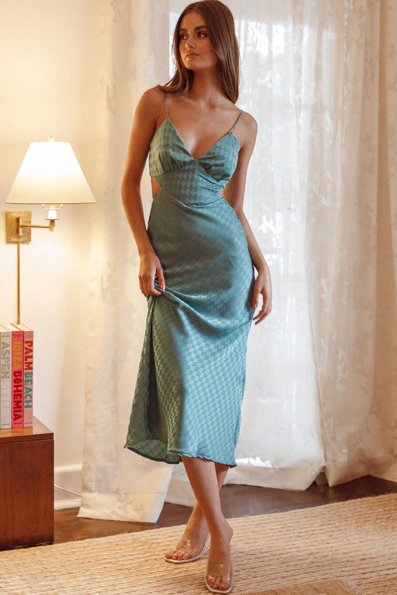 City Lights Cut-Out Waist Split Midi Dress Check Green-Maymioy