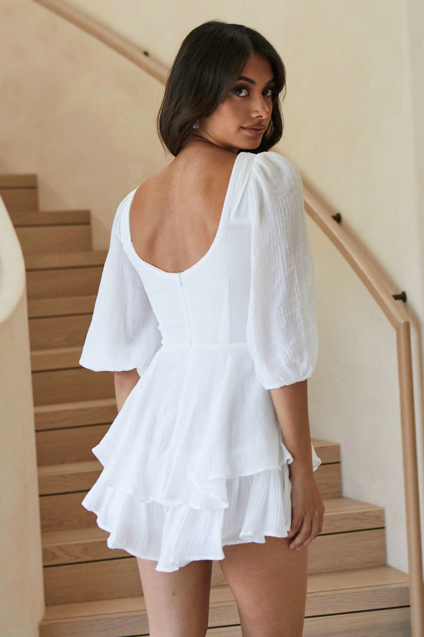 Picture This Three Quarter Sleeve Cut-Out Bust Romper White-Maymioy