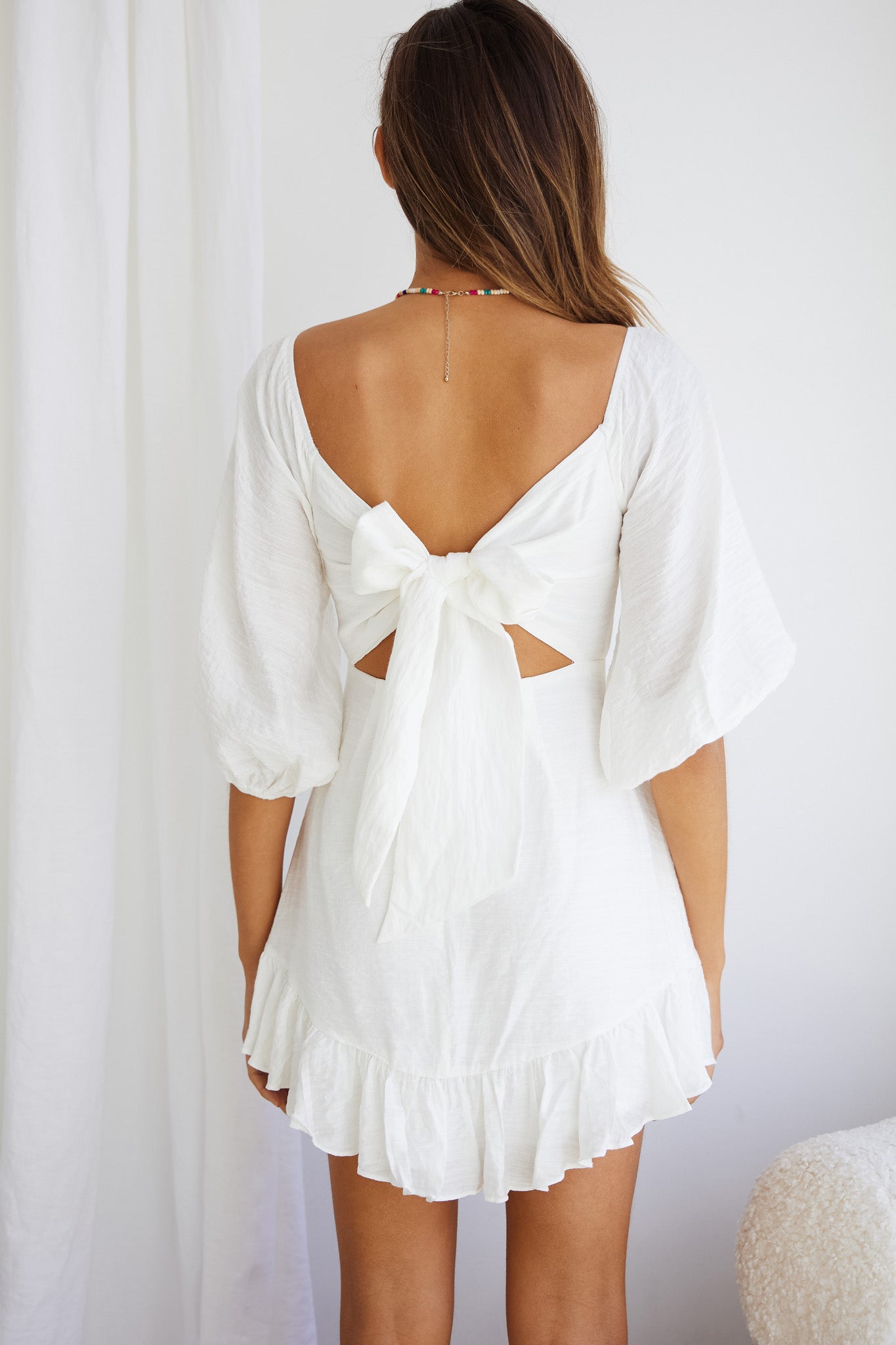 Picture This Three Quarter Sleeve Cut-Out Bust Mini Dress White-Maymioy
