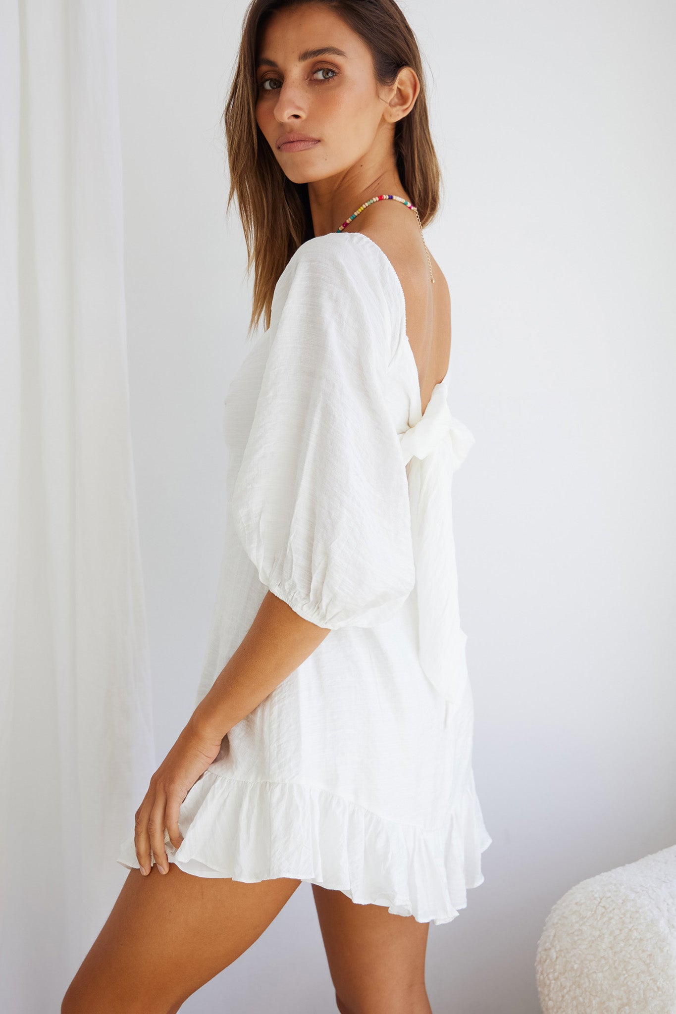 Picture This Three Quarter Sleeve Cut-Out Bust Mini Dress White-Maymioy