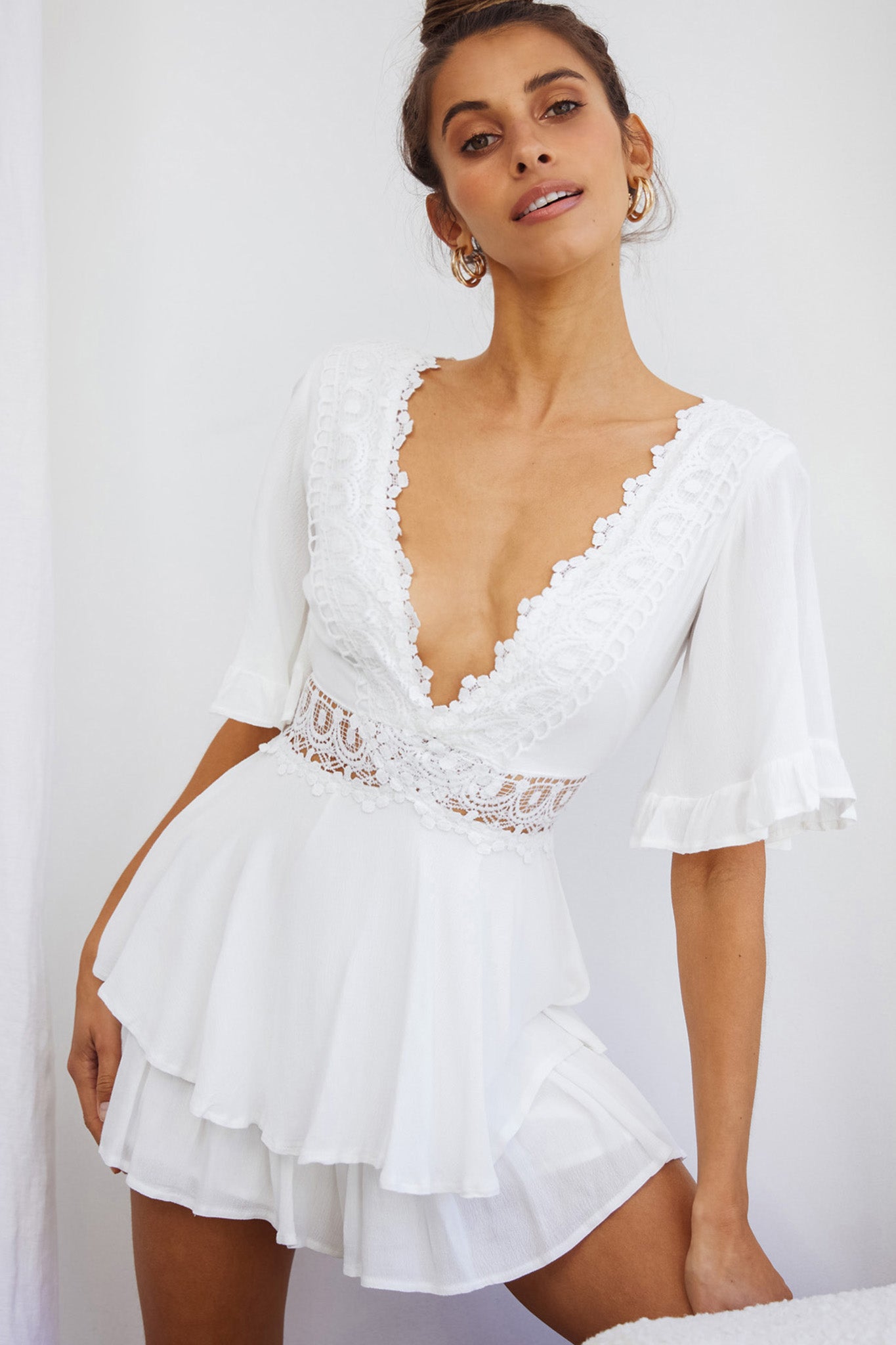 Lillian Crochet Lace Trim Flounce Hem Romper White-Maymioy