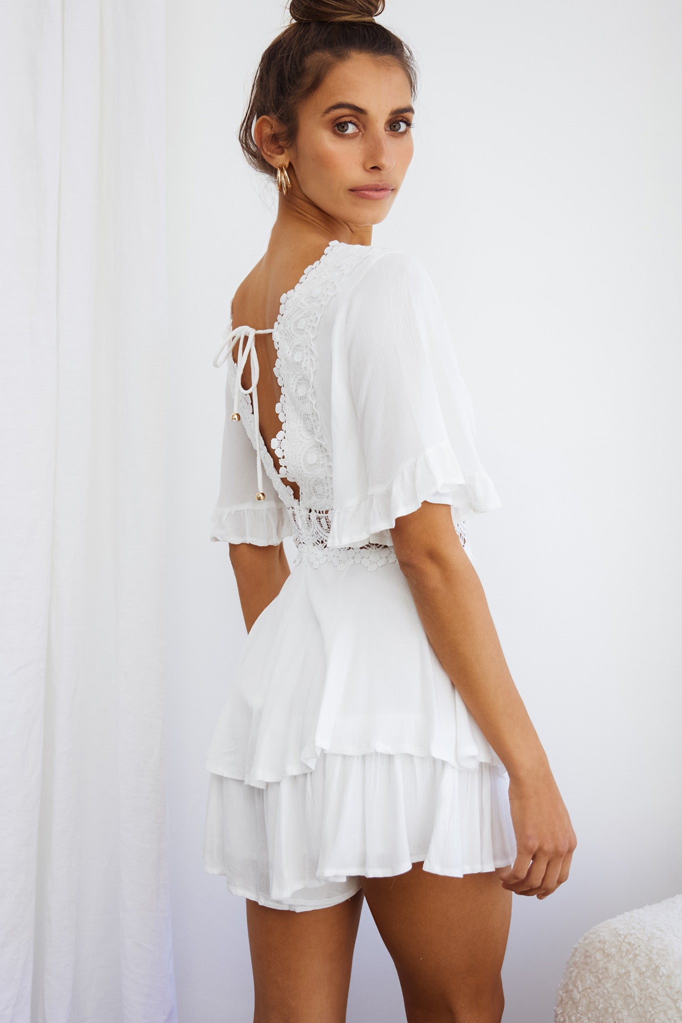 Lillian Crochet Lace Trim Flounce Hem Romper White-Maymioy