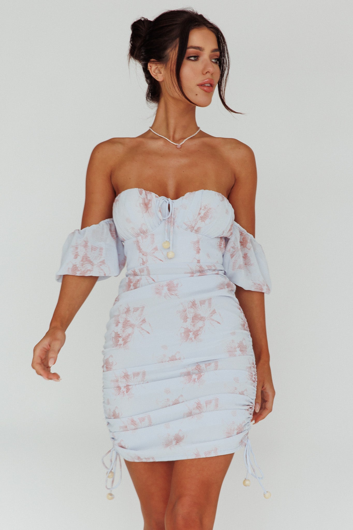 Summer In Paradise Sweetheart Neckline Ruched Side Dress Printed Blue-Maymioy