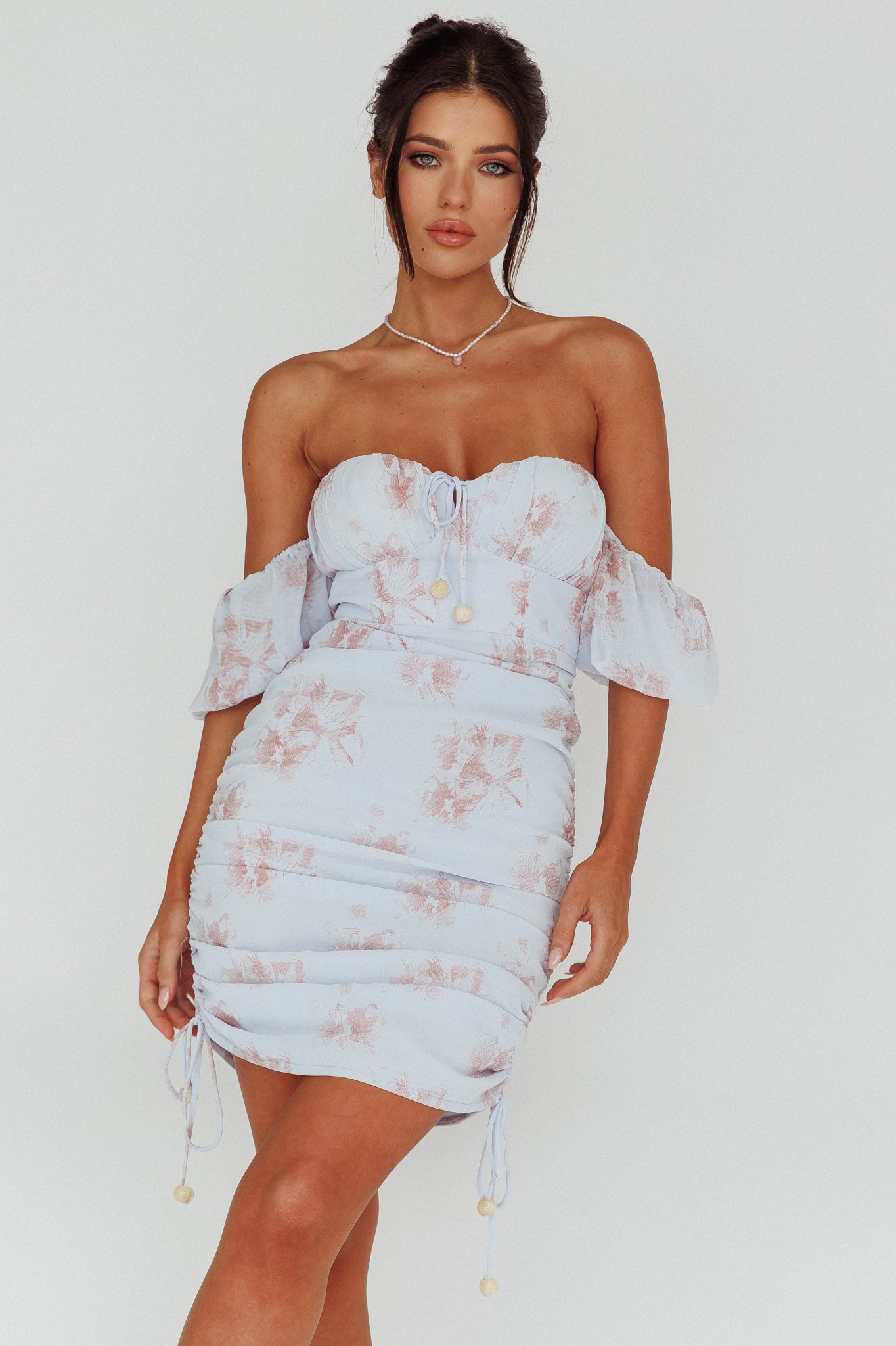Summer In Paradise Sweetheart Neckline Ruched Side Dress Printed Blue-Maymioy