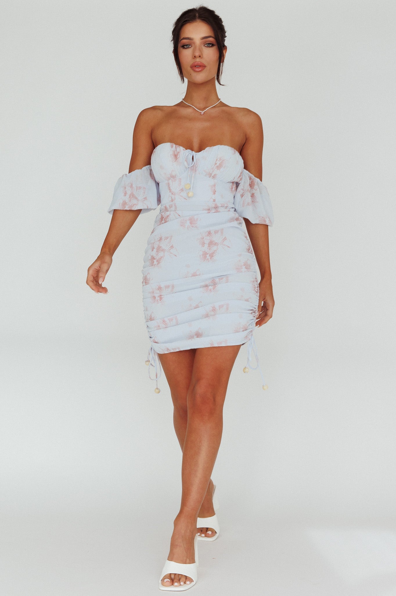 Summer In Paradise Sweetheart Neckline Ruched Side Dress Printed Blue-Maymioy