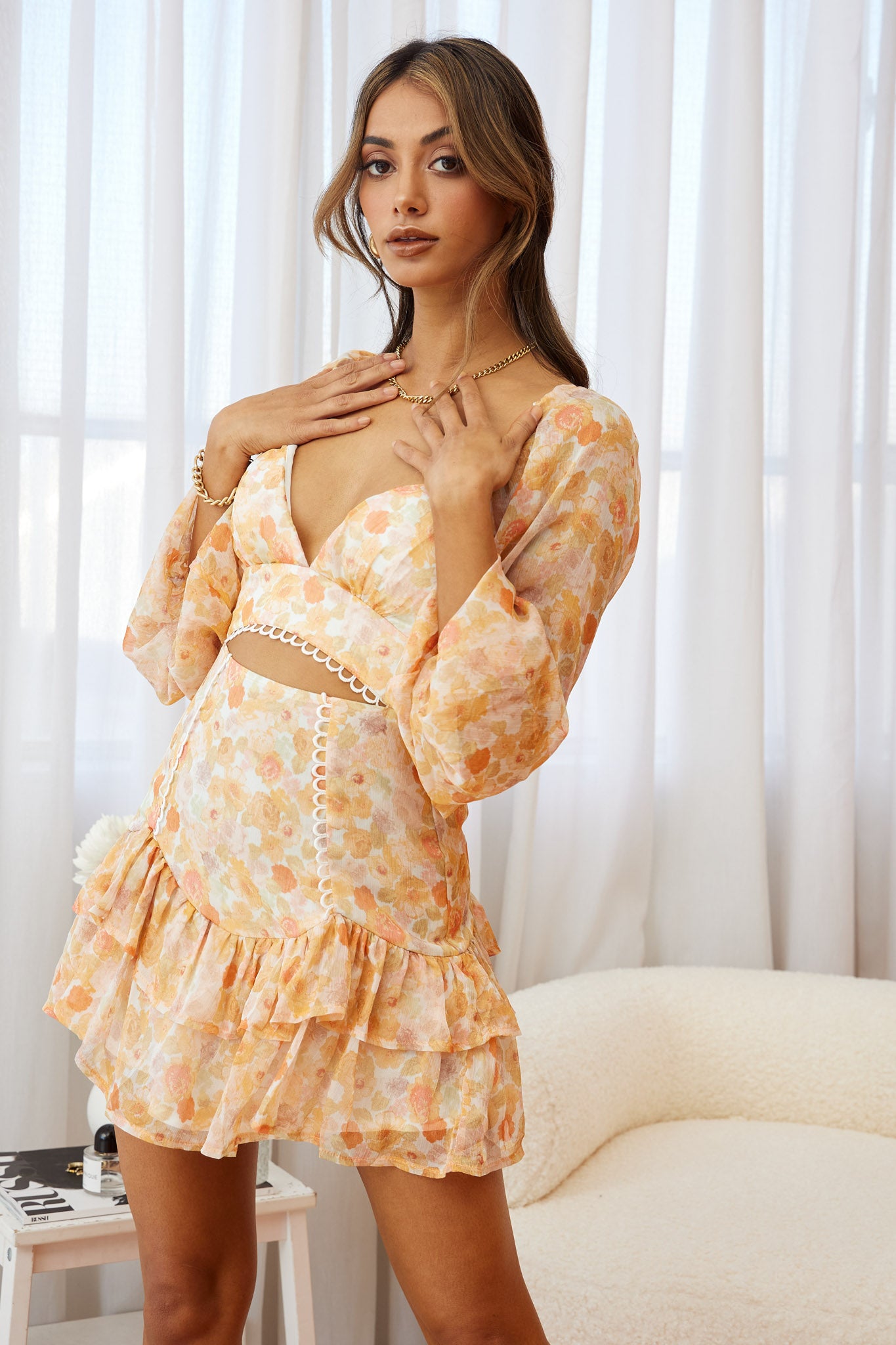 Dearly Beloved Balloon Sleeve Layered Frill Hem Dress Floral Print Orange-Maymioy