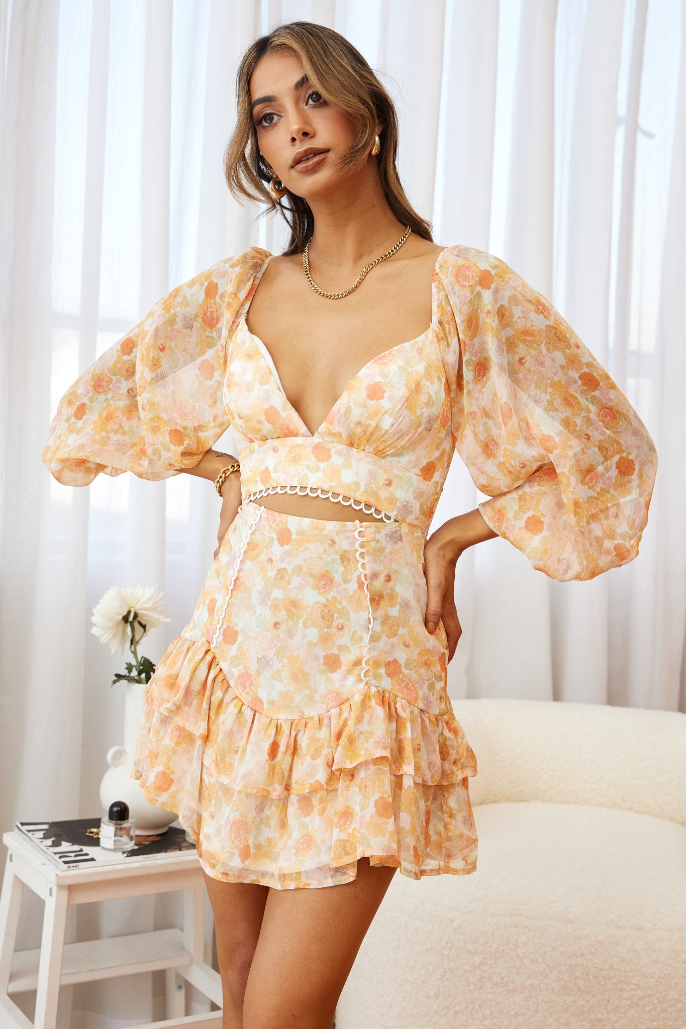 Dearly Beloved Balloon Sleeve Layered Frill Hem Dress Floral Print Orange-Maymioy