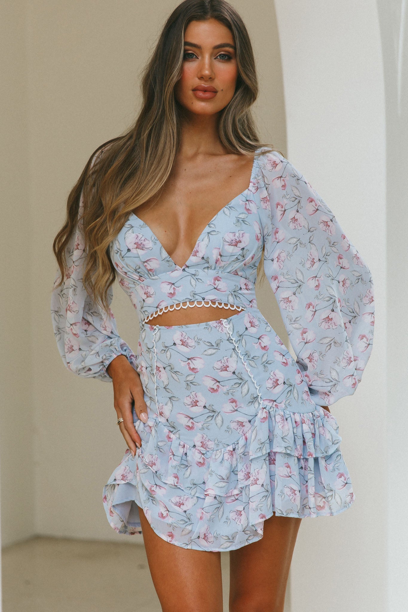 Dearly Beloved Balloon Sleeve Layered Frill Hem Dress Flower Print Blue-Maymioy