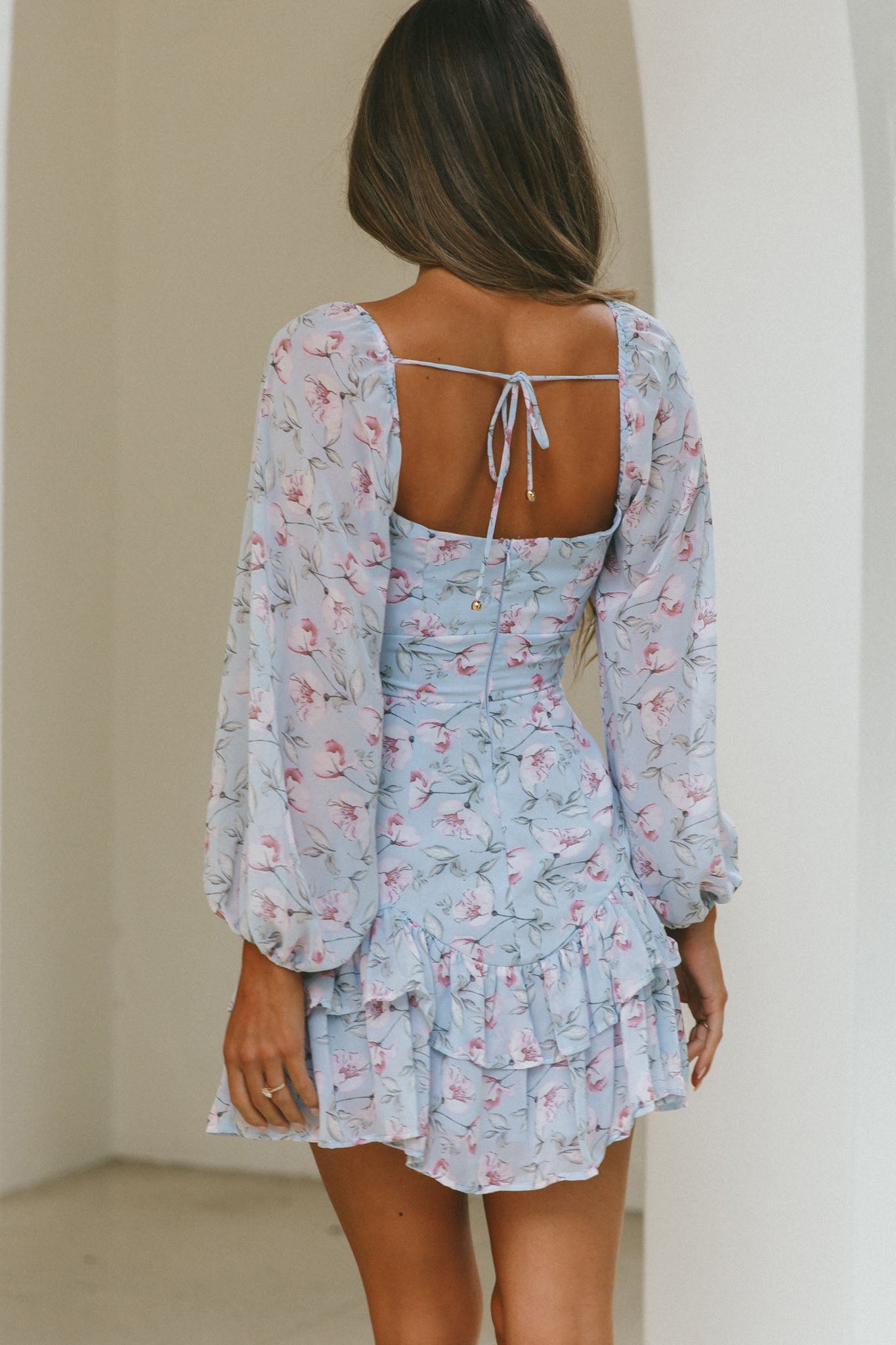 Dearly Beloved Balloon Sleeve Layered Frill Hem Dress Flower Print Blue-Maymioy