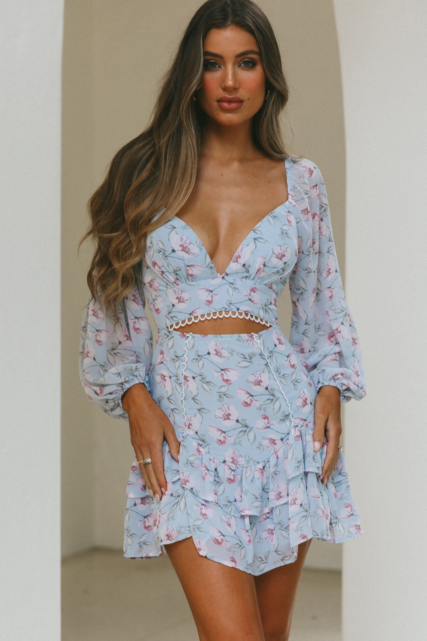 Dearly Beloved Balloon Sleeve Layered Frill Hem Dress Flower Print Blue-Maymioy