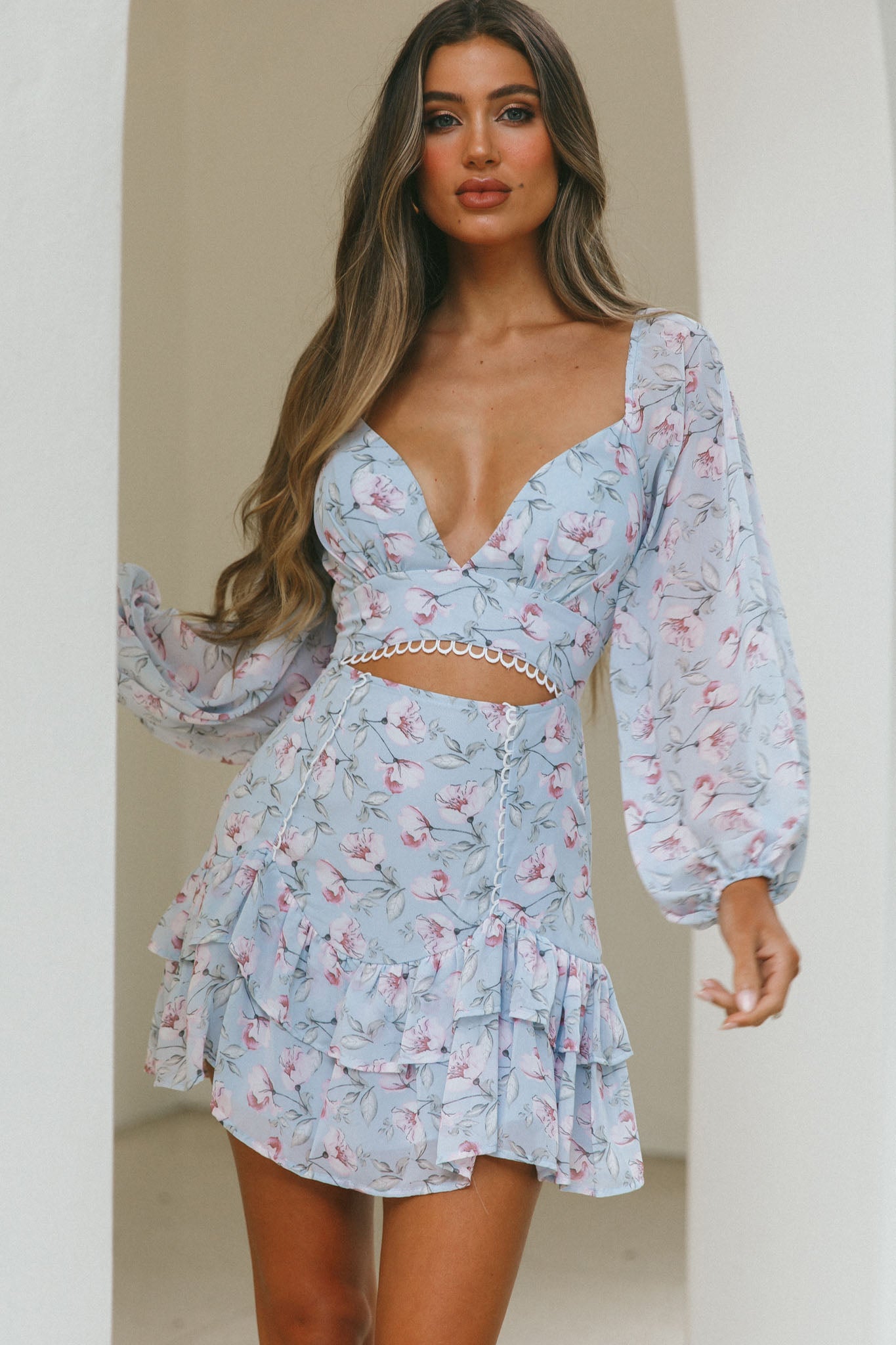Dearly Beloved Balloon Sleeve Layered Frill Hem Dress Flower Print Blue-Maymioy