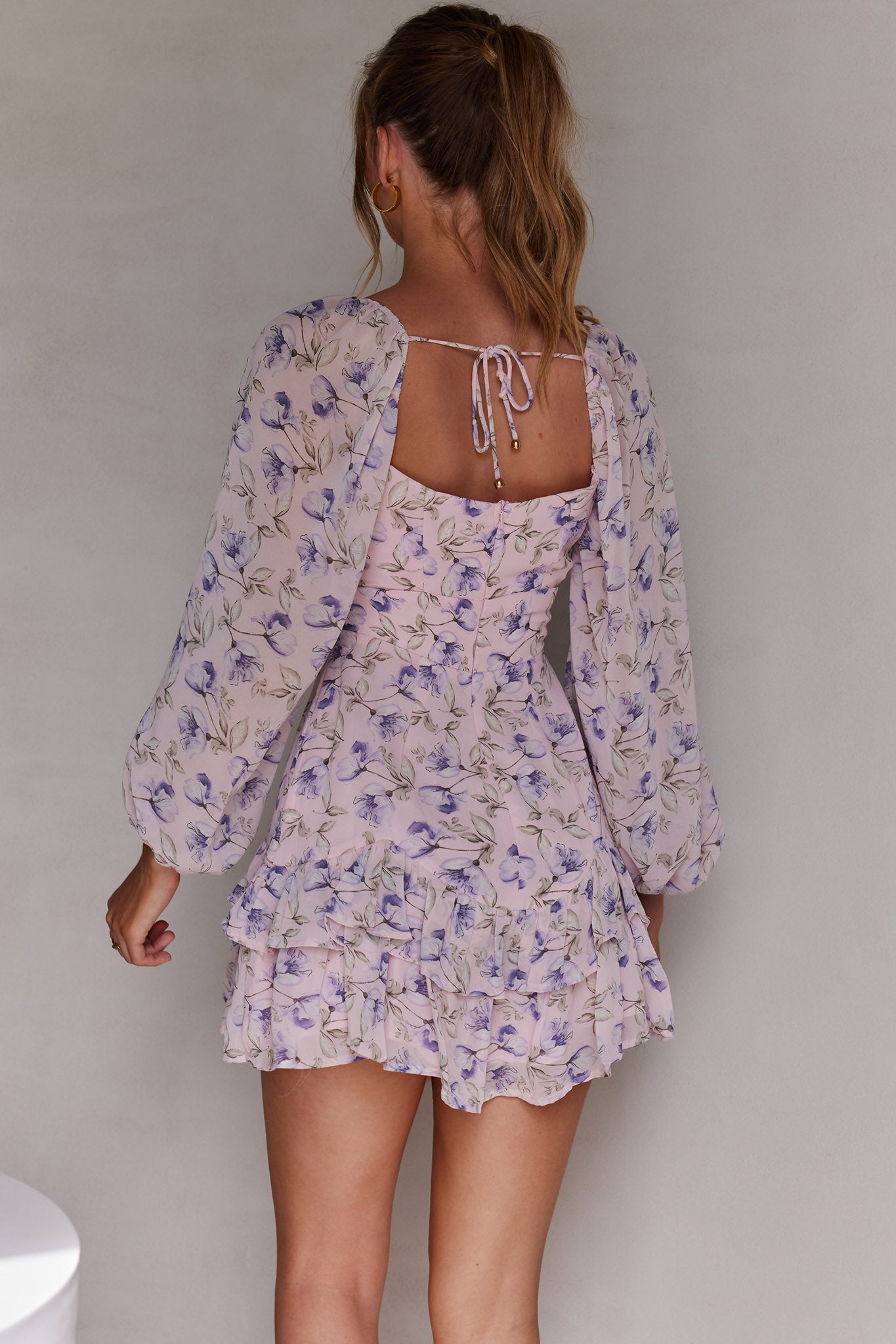 Dearly Beloved Balloon Sleeve Layered Frill Hem Dress Flower Print Blush-Maymioy