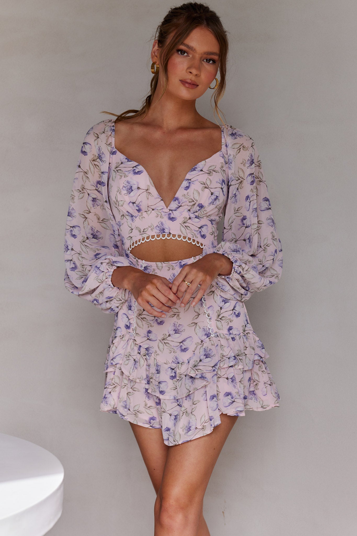 Dearly Beloved Balloon Sleeve Layered Frill Hem Dress Flower Print Blush-Maymioy