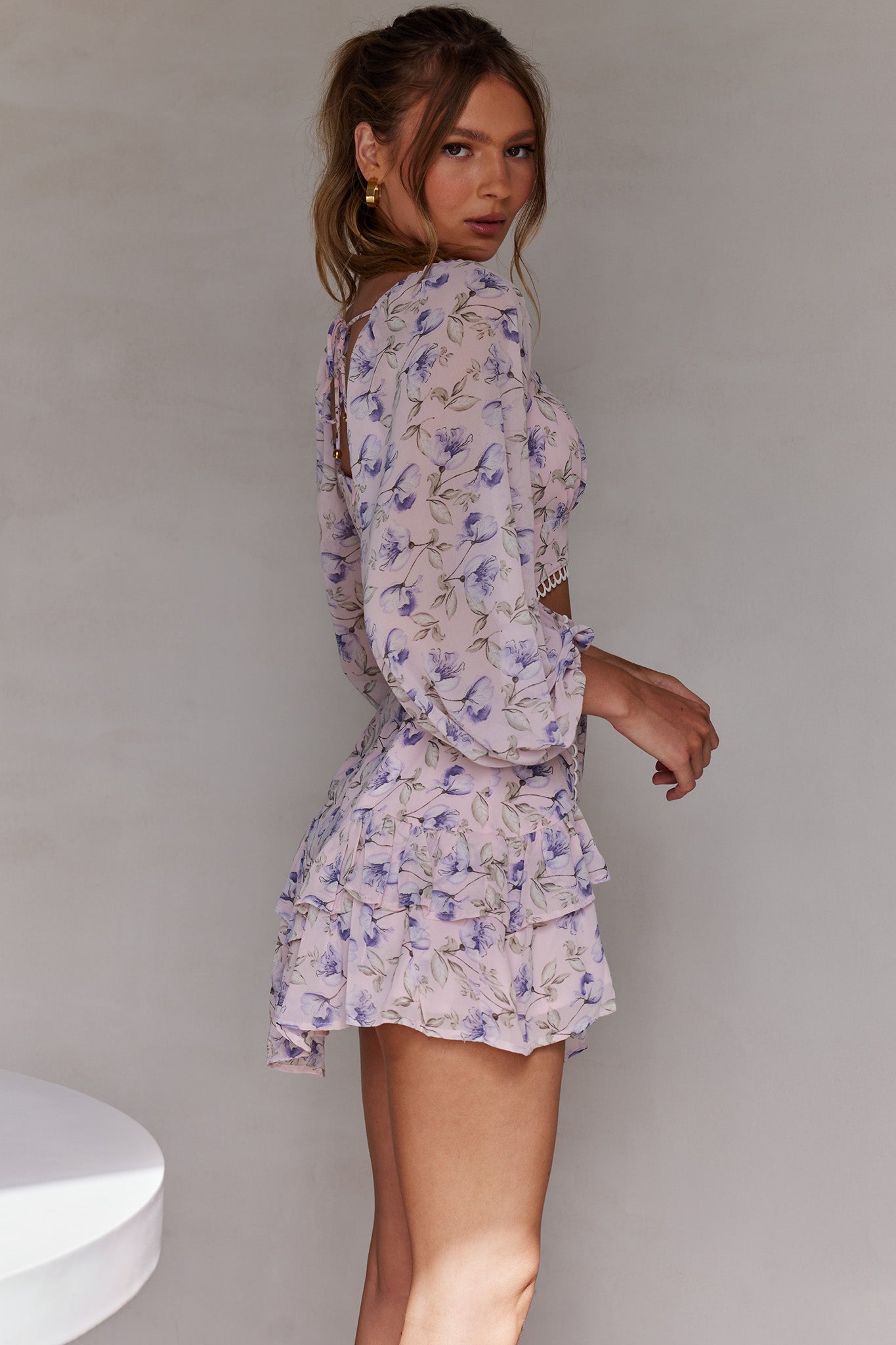 Dearly Beloved Balloon Sleeve Layered Frill Hem Dress Flower Print Blush-Maymioy