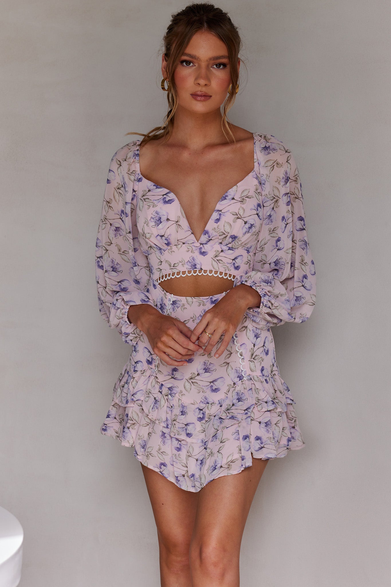 Dearly Beloved Balloon Sleeve Layered Frill Hem Dress Flower Print Blush-Maymioy