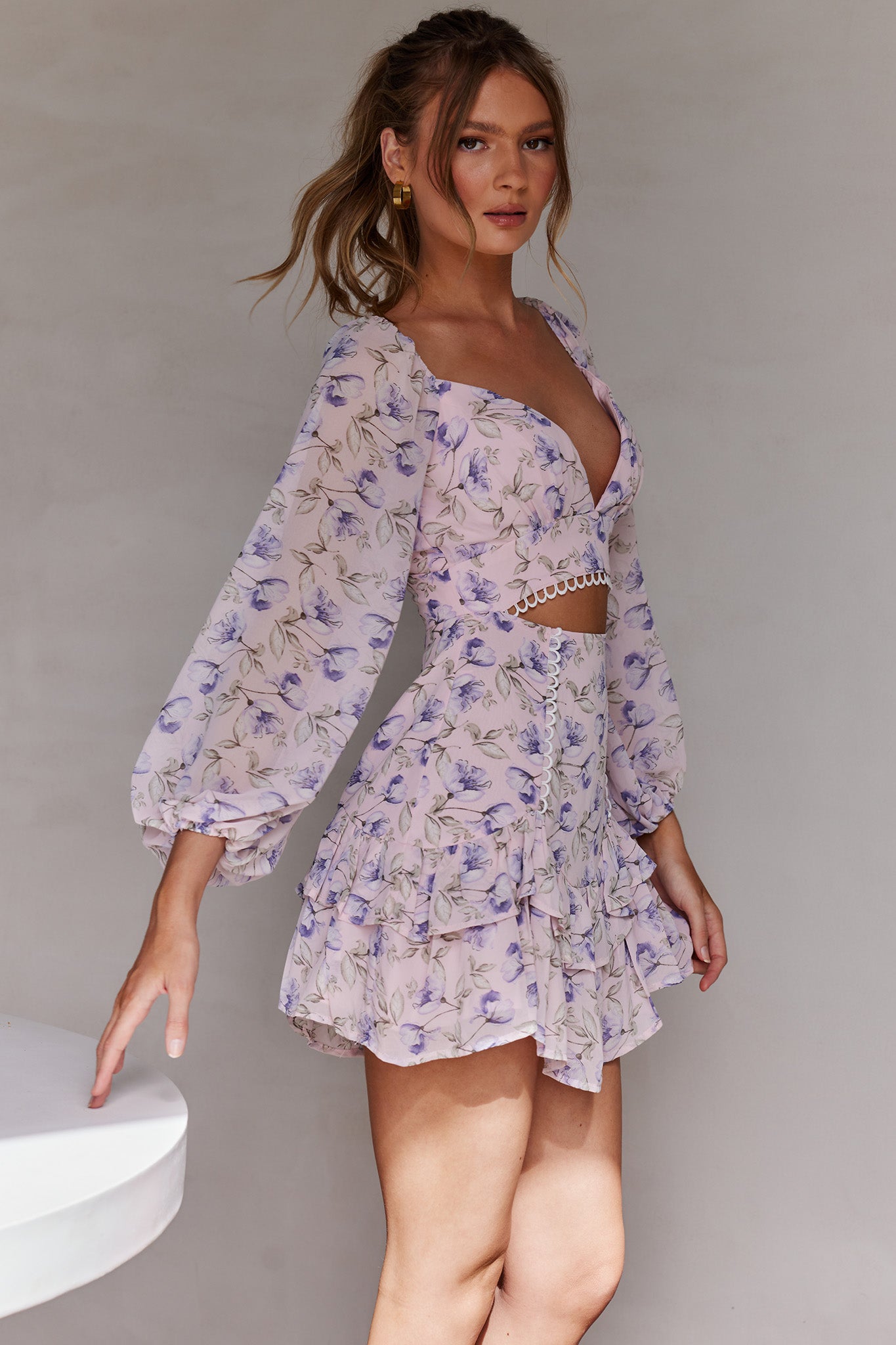 Dearly Beloved Balloon Sleeve Layered Frill Hem Dress Flower Print Blush-Maymioy