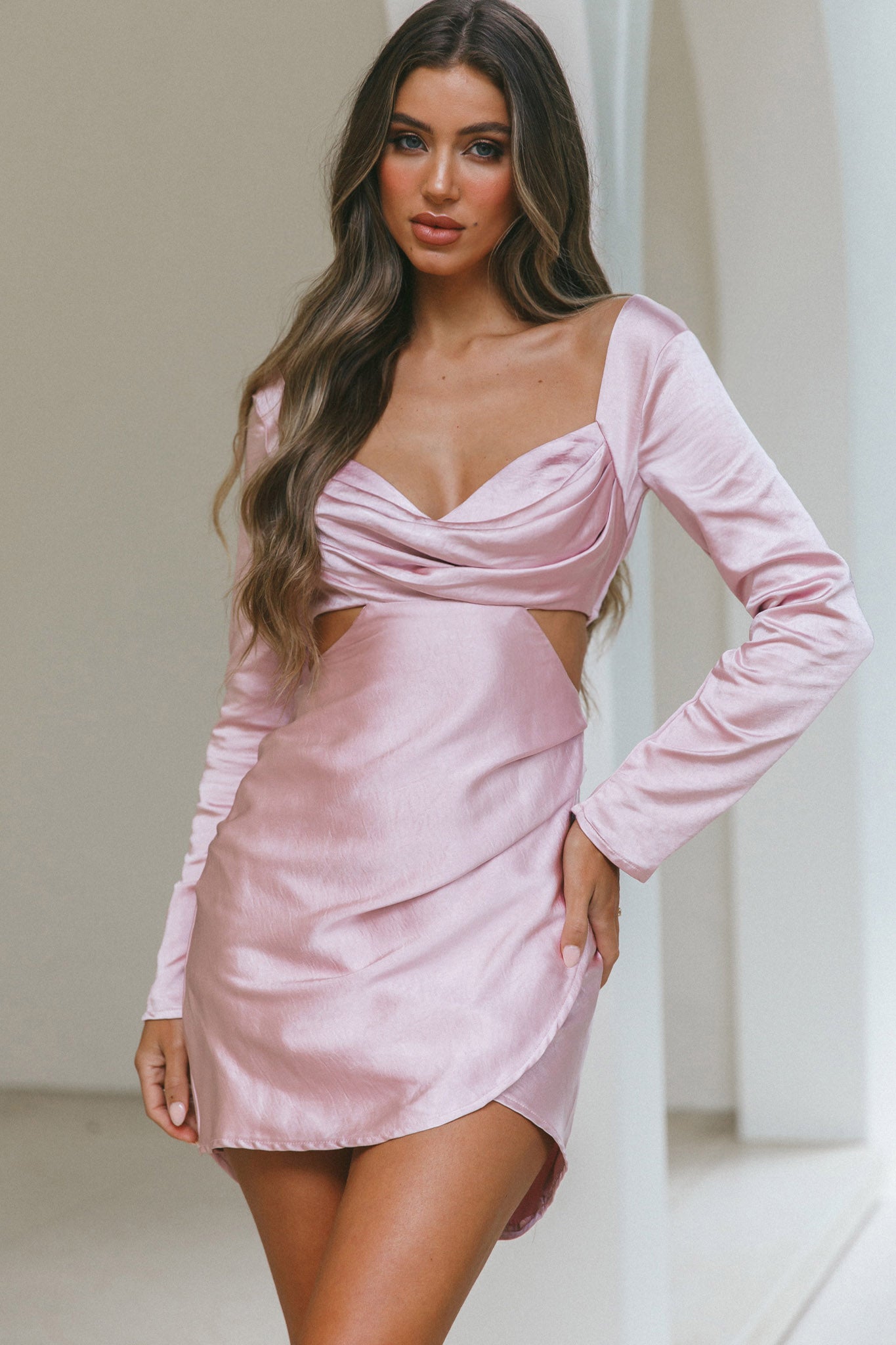 Shaken Not Stirred Cut-Out Waist Long Sleeve Pleat Mini Dress Blush-Maymioy