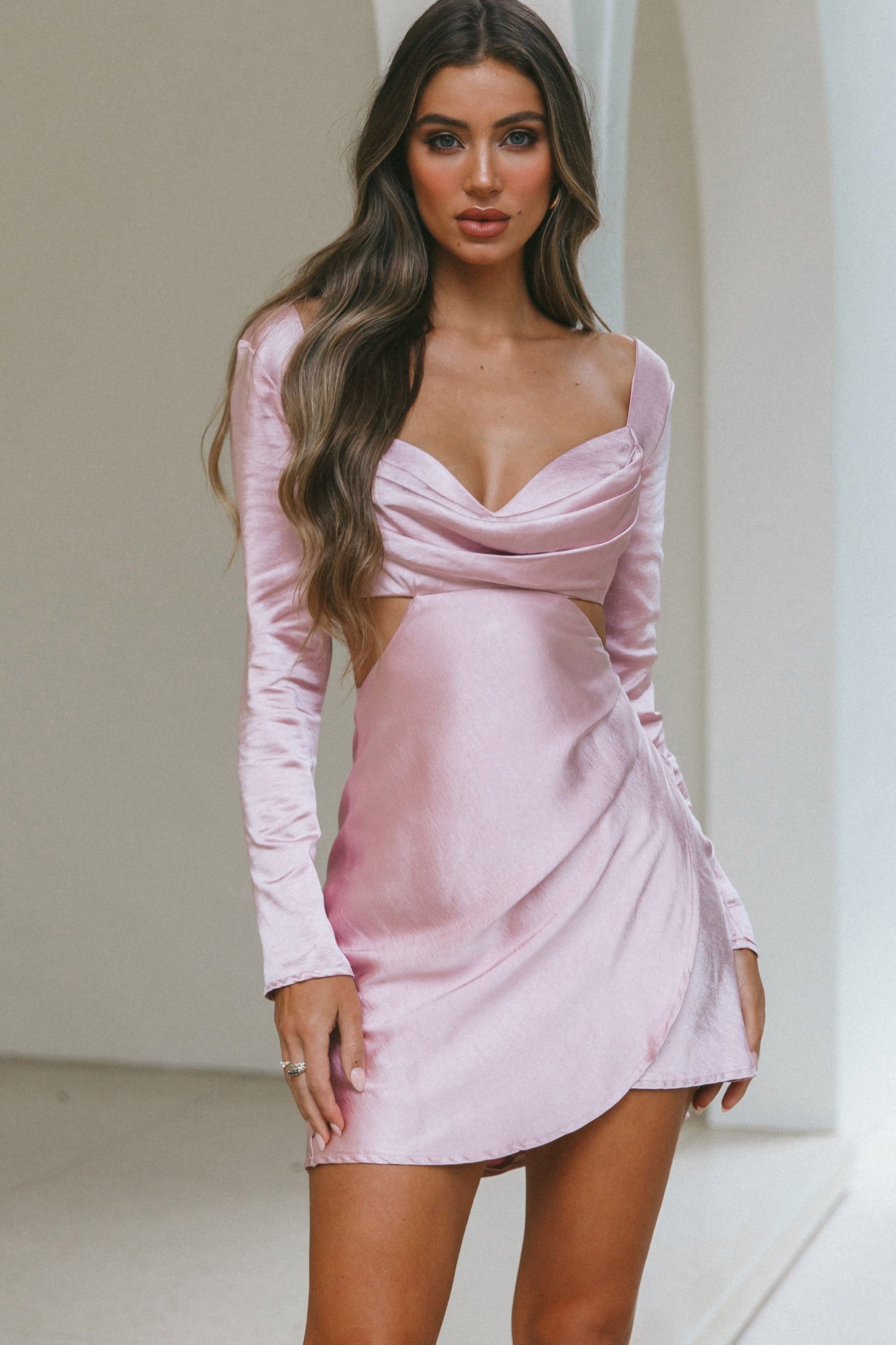 Shaken Not Stirred Cut-Out Waist Long Sleeve Pleat Mini Dress Blush-Maymioy