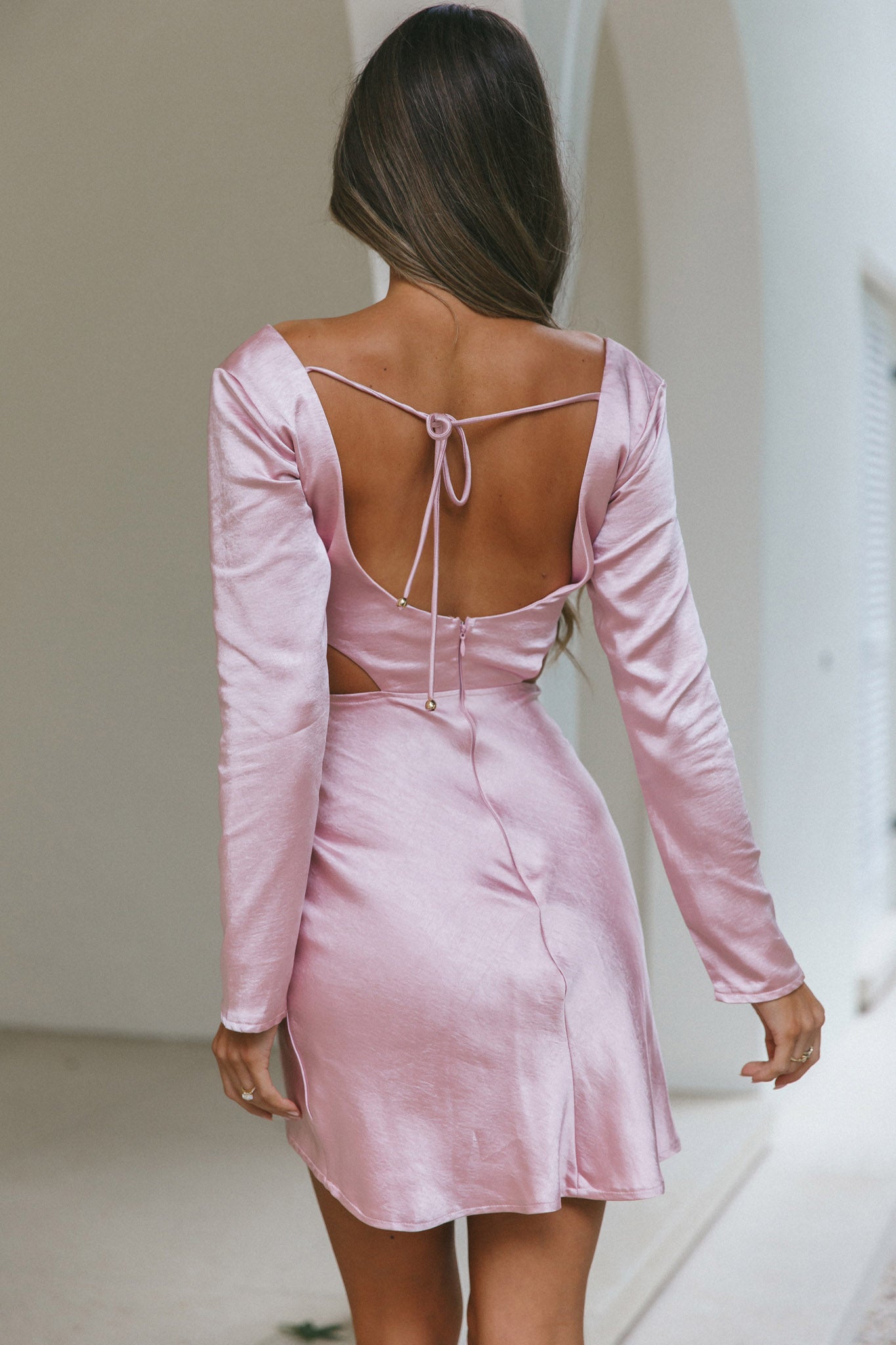 Shaken Not Stirred Cut-Out Waist Long Sleeve Pleat Mini Dress Blush-Maymioy