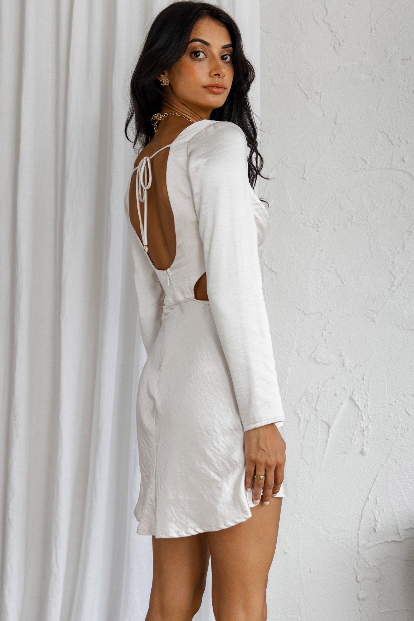 Shaken Not Stirred Cut-Out Waist Long Sleeve Pleat Mini Dress Champagne-Maymioy