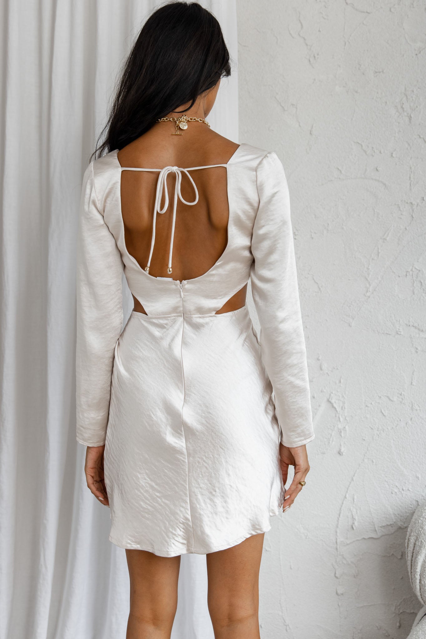 Shaken Not Stirred Cut-Out Waist Long Sleeve Pleat Mini Dress Champagne-Maymioy