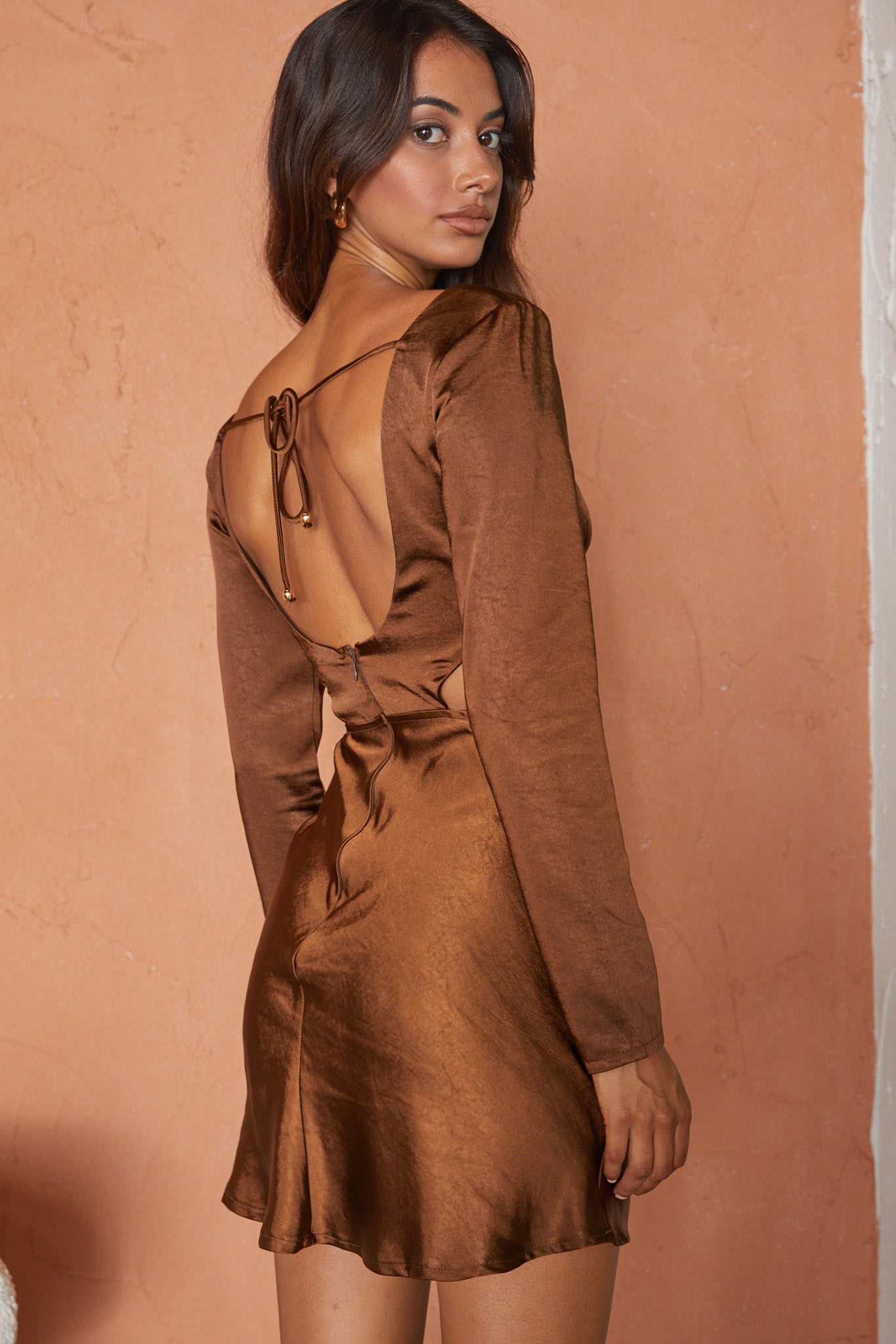 Shaken Not Stirred Cut-Out Waist Long Sleeve Pleat Mini Dress Chocolate-Maymioy