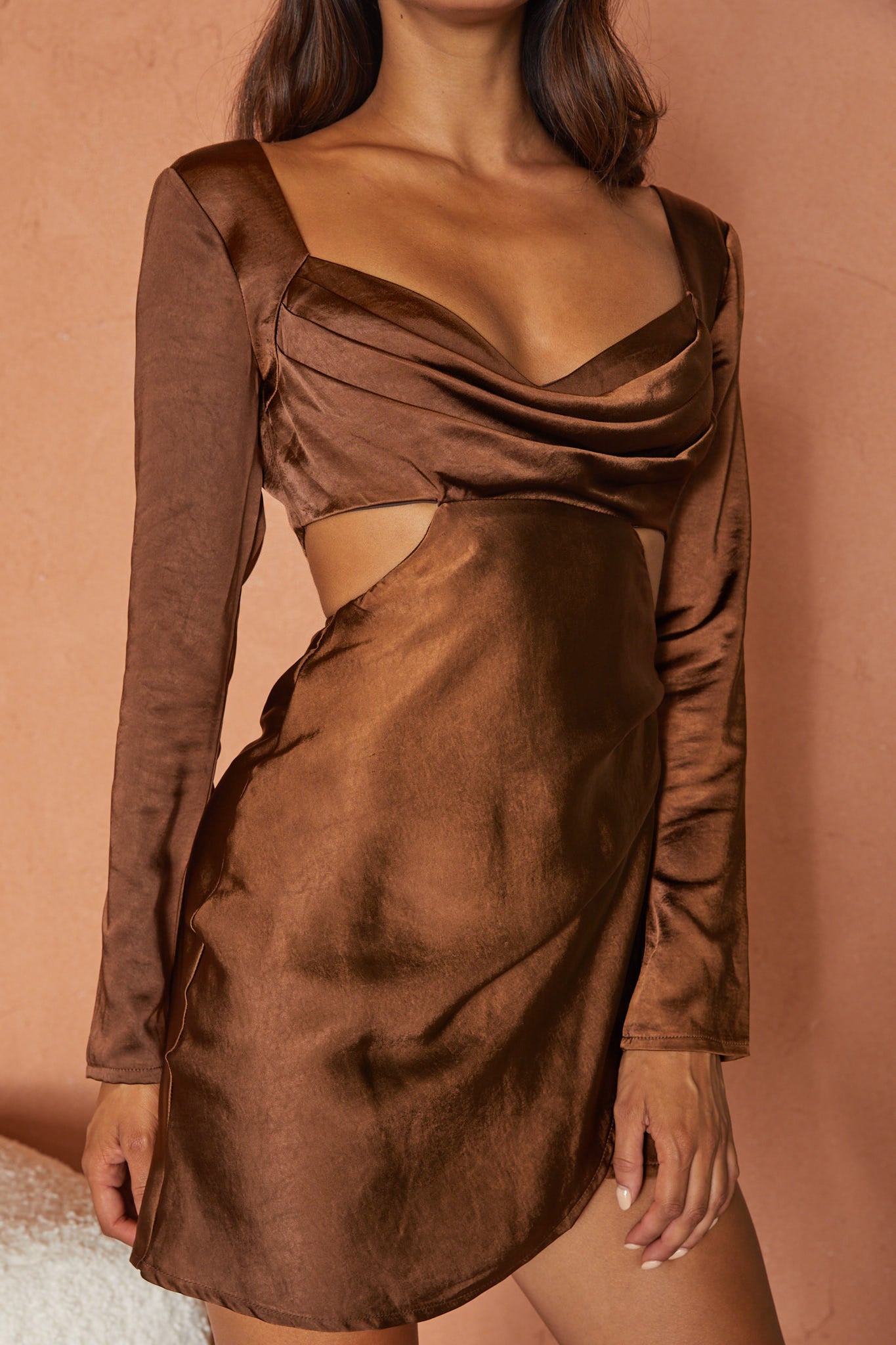 Shaken Not Stirred Cut-Out Waist Long Sleeve Pleat Mini Dress Chocolate-Maymioy