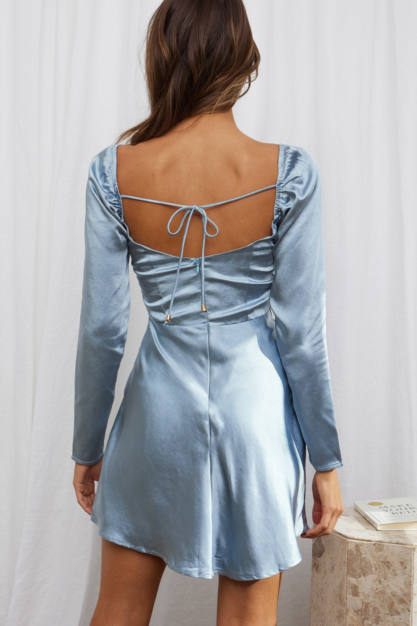 Freja Long Sleeve Cowl Neck Satin Mini Dress Sage-Maymioy