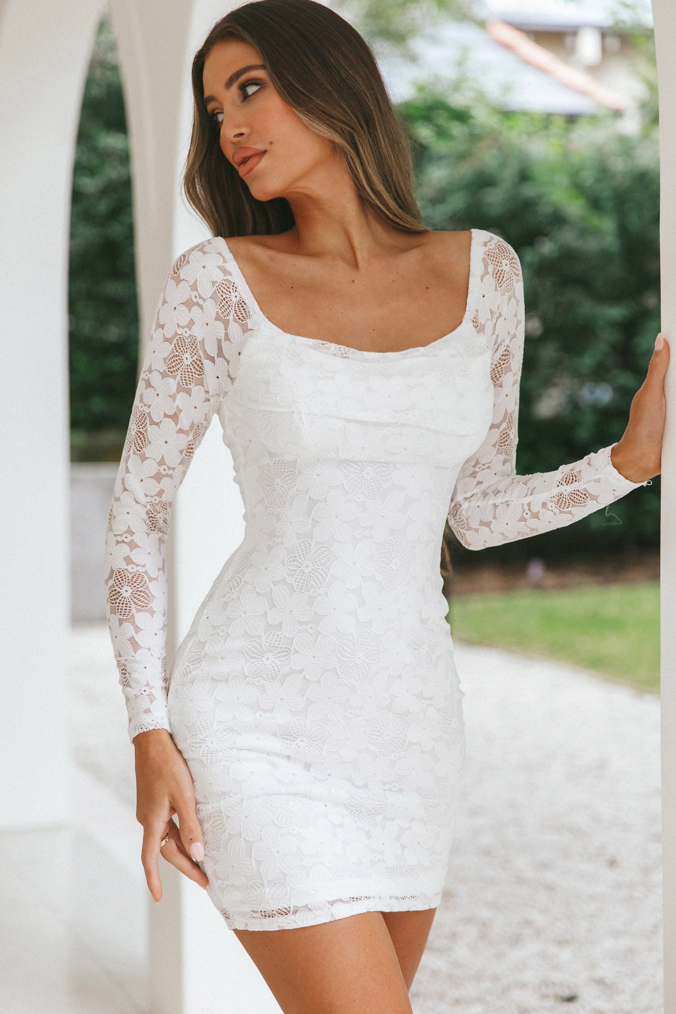 Freja Long Sleeve Cowl Neck Lace Mini Dress White-Maymioy