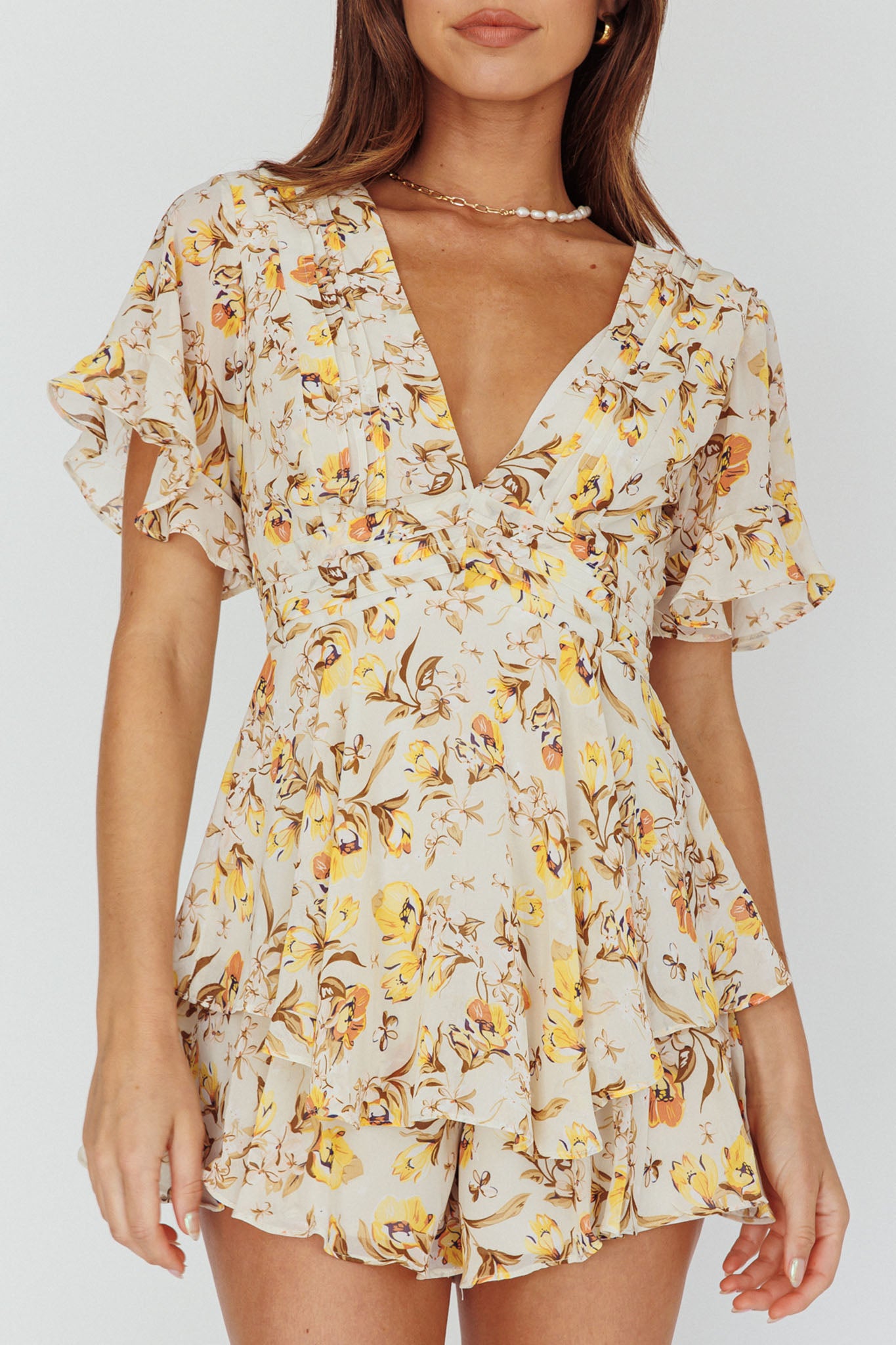 Golden Light Pintuck Pleat Romper Floral Beige-Maymioy