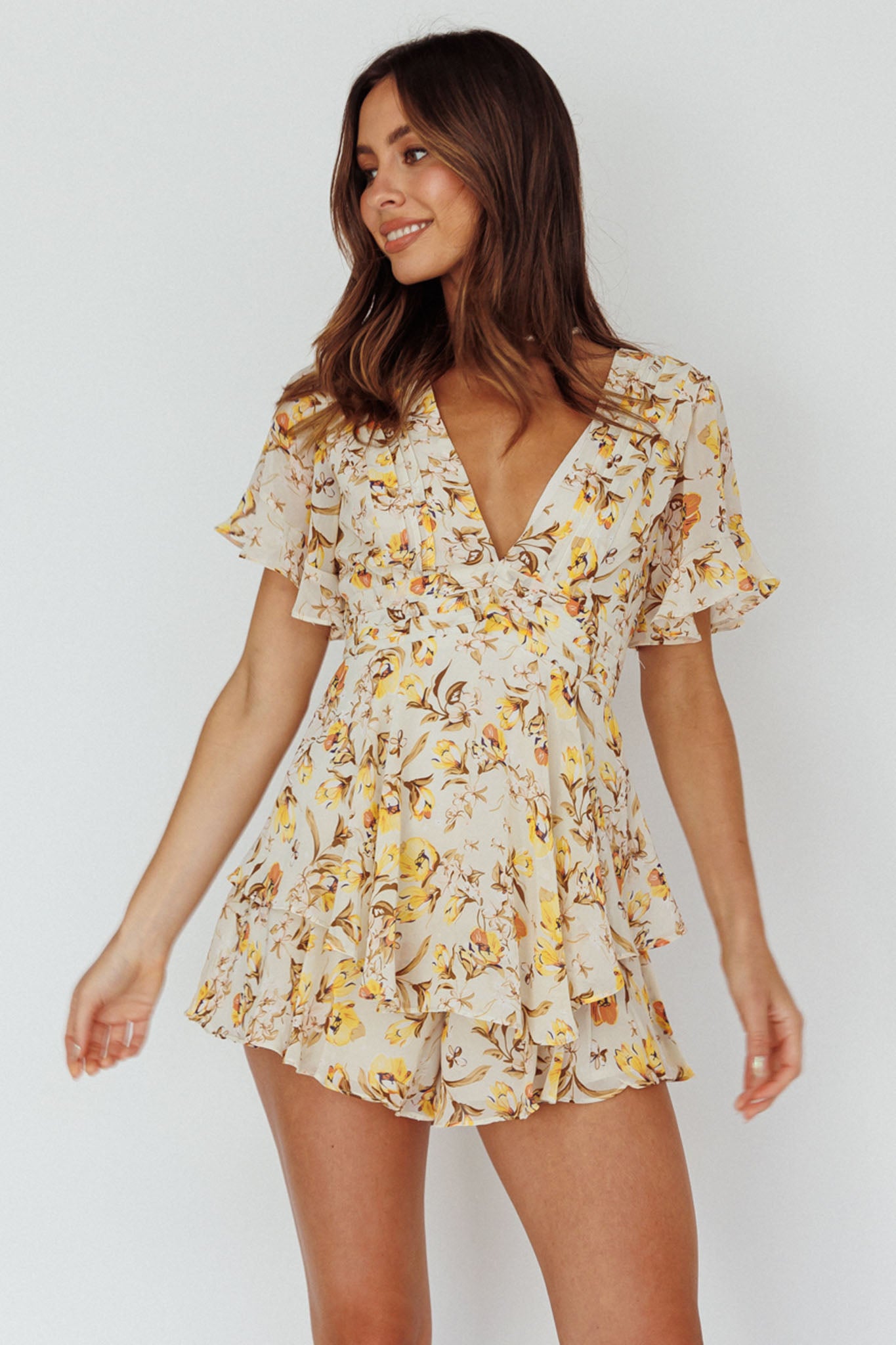 Golden Light Pintuck Pleat Romper Floral Beige-Maymioy