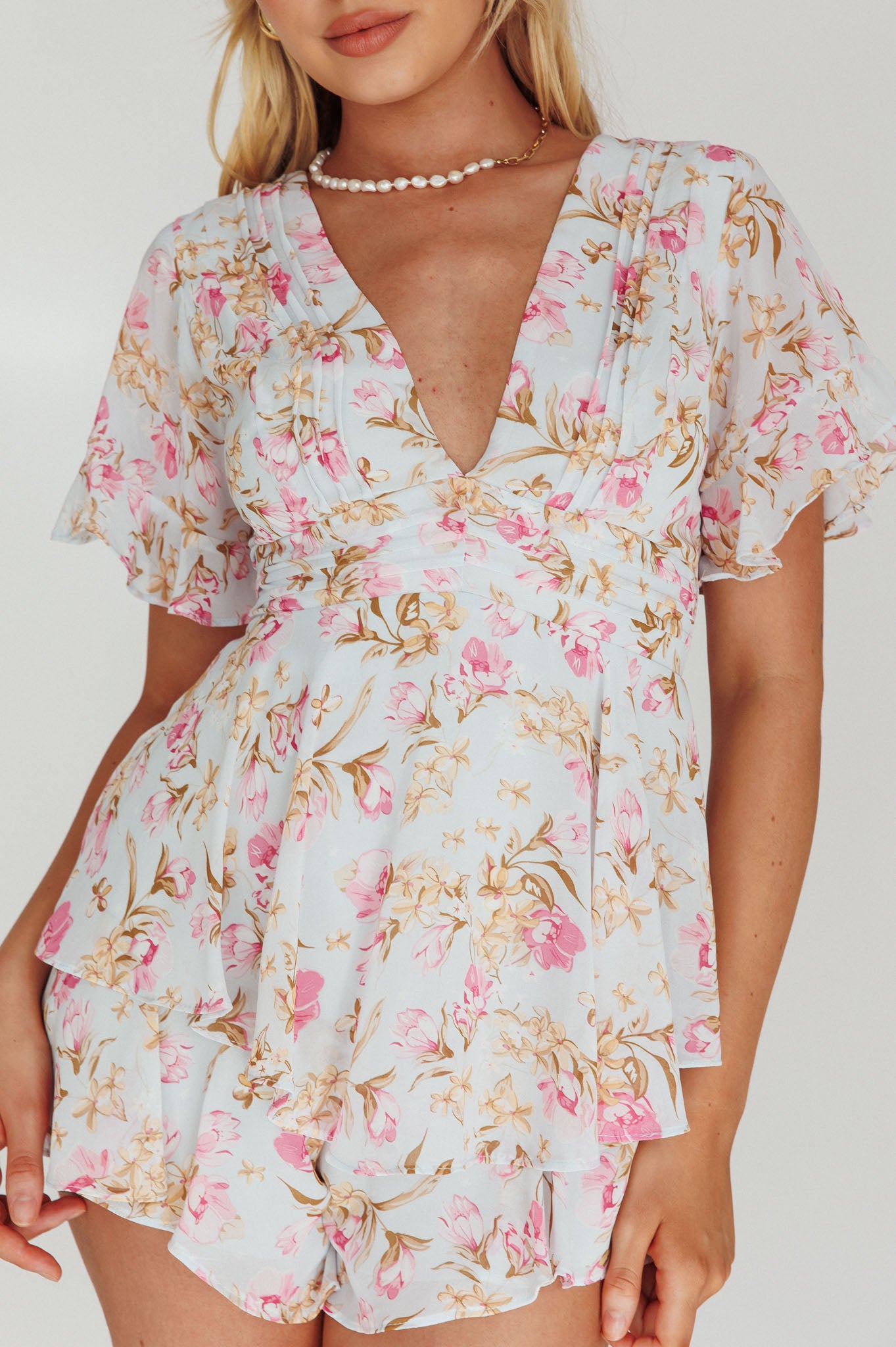 Golden Light Pintuck Pleat Romper Floral Blue-Maymioy