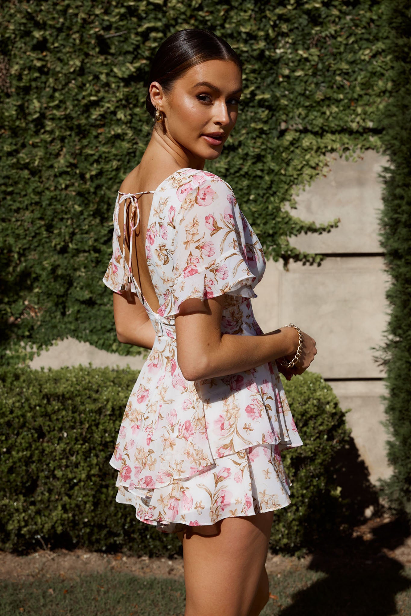 Golden Light Pintuck Pleat Romper Floral White-Maymioy