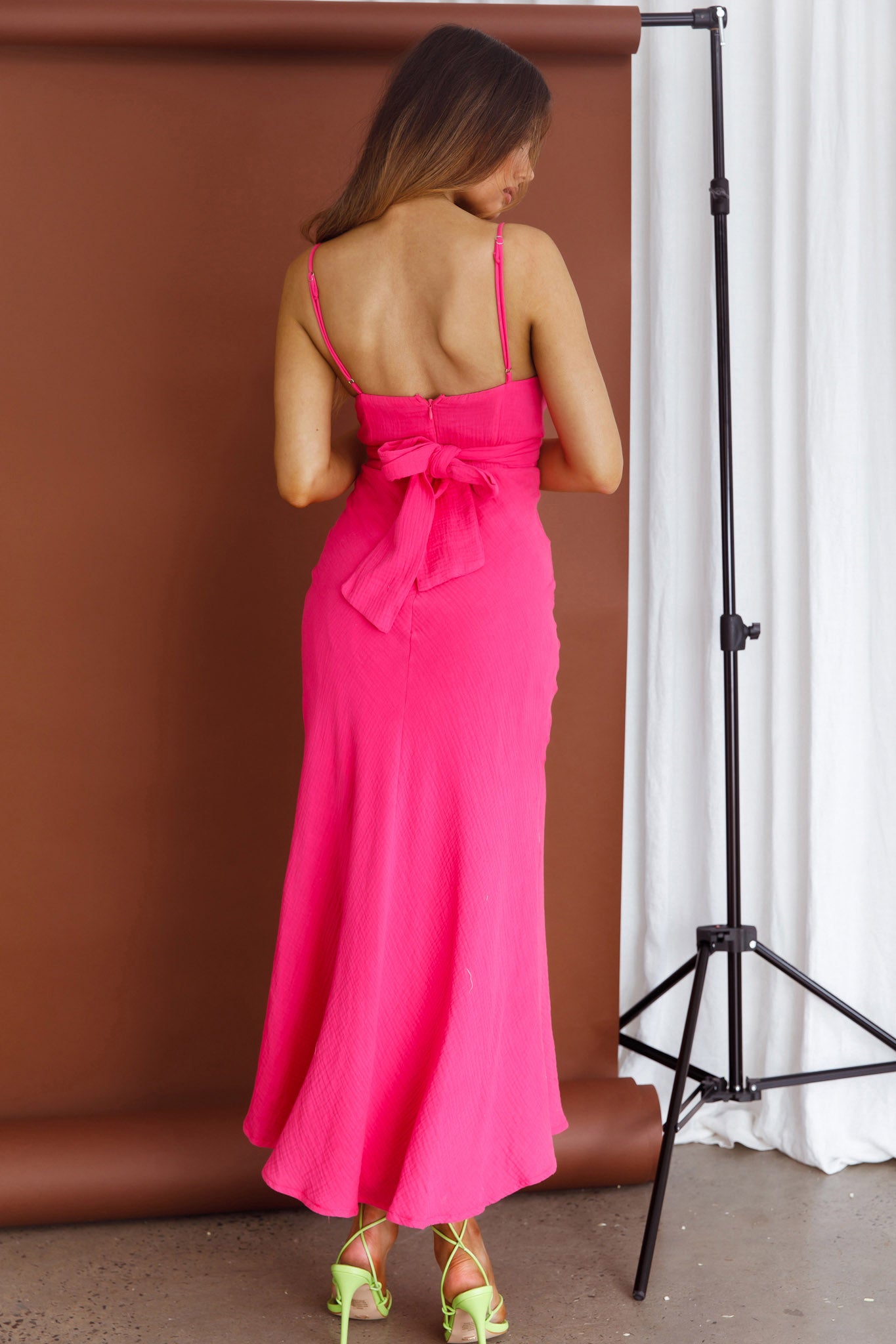 Twin Flame Drawstring Bust Midi Dress Hot Pink-Maymioy