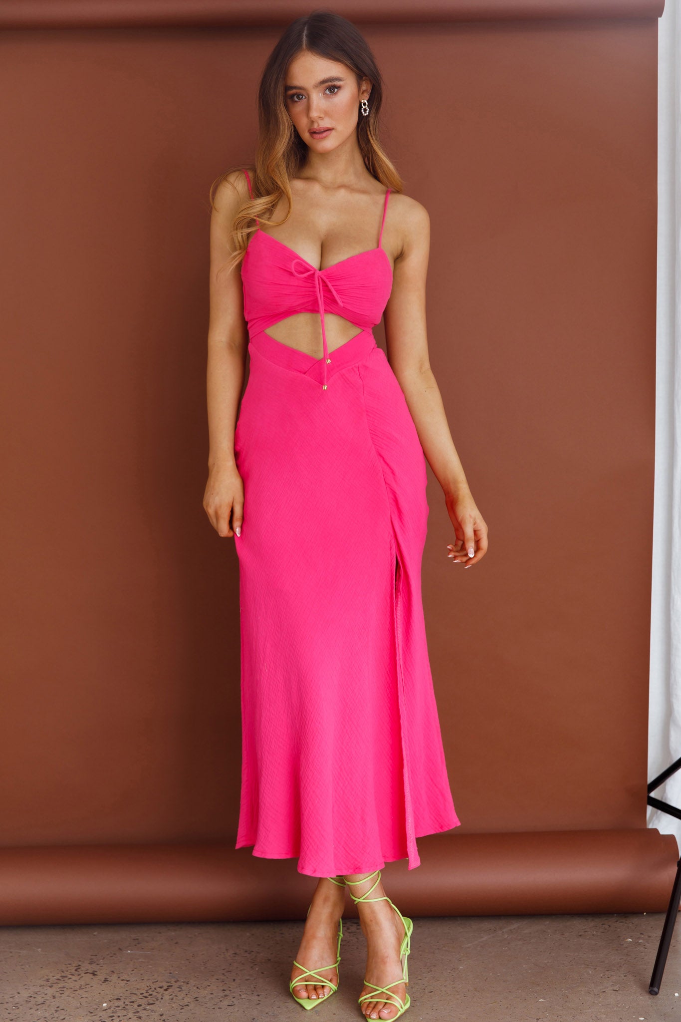 Twin Flame Drawstring Bust Midi Dress Hot Pink-Maymioy