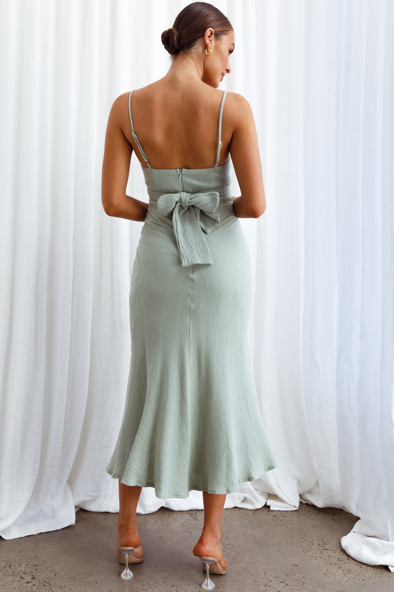 Twin Flame Drawstring Bust Midi Dress Sage-Maymioy