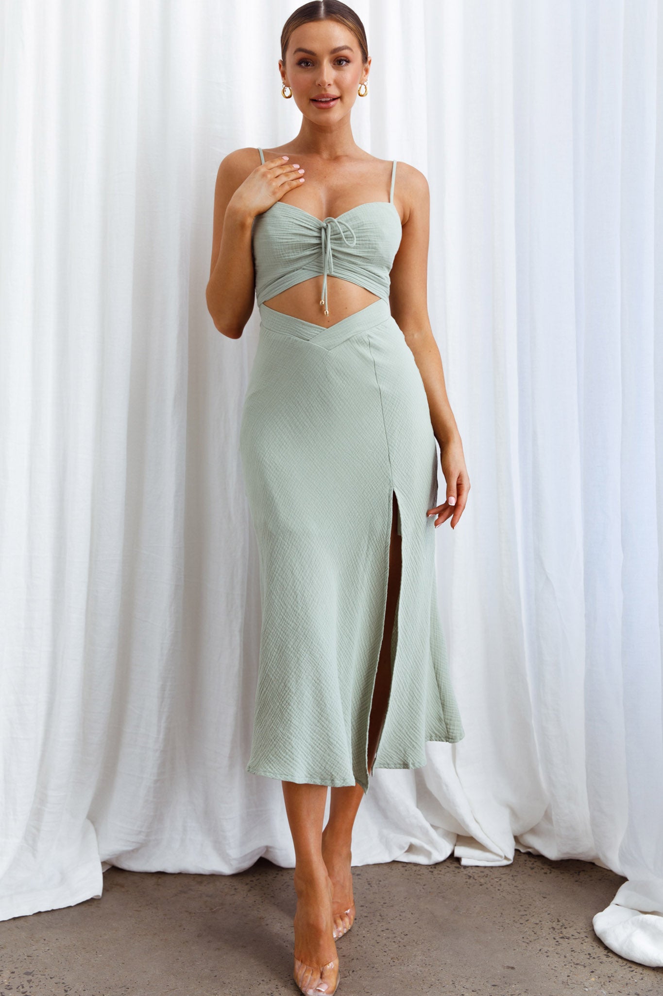 Twin Flame Drawstring Bust Midi Dress Sage-Maymioy