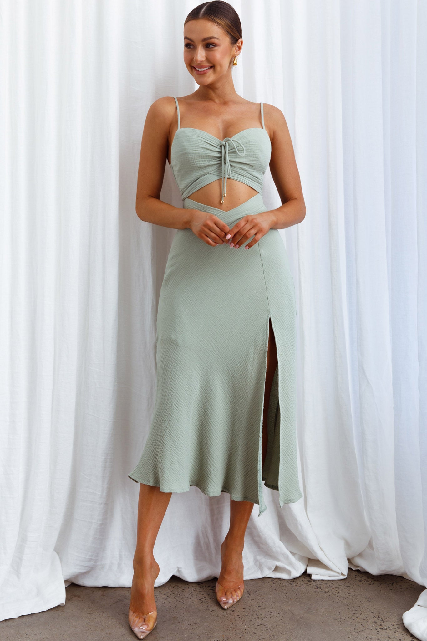 Twin Flame Drawstring Bust Midi Dress Sage-Maymioy