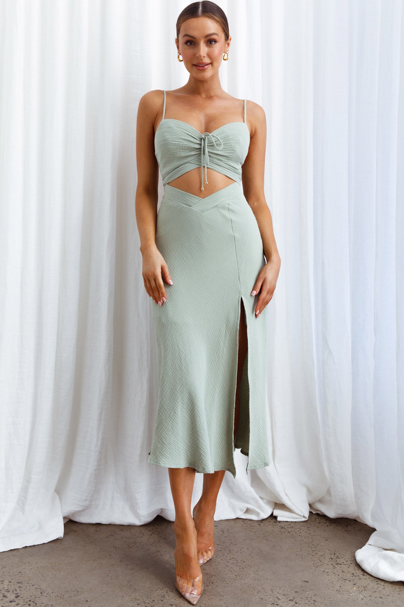 Twin Flame Drawstring Bust Midi Dress Sage-Maymioy