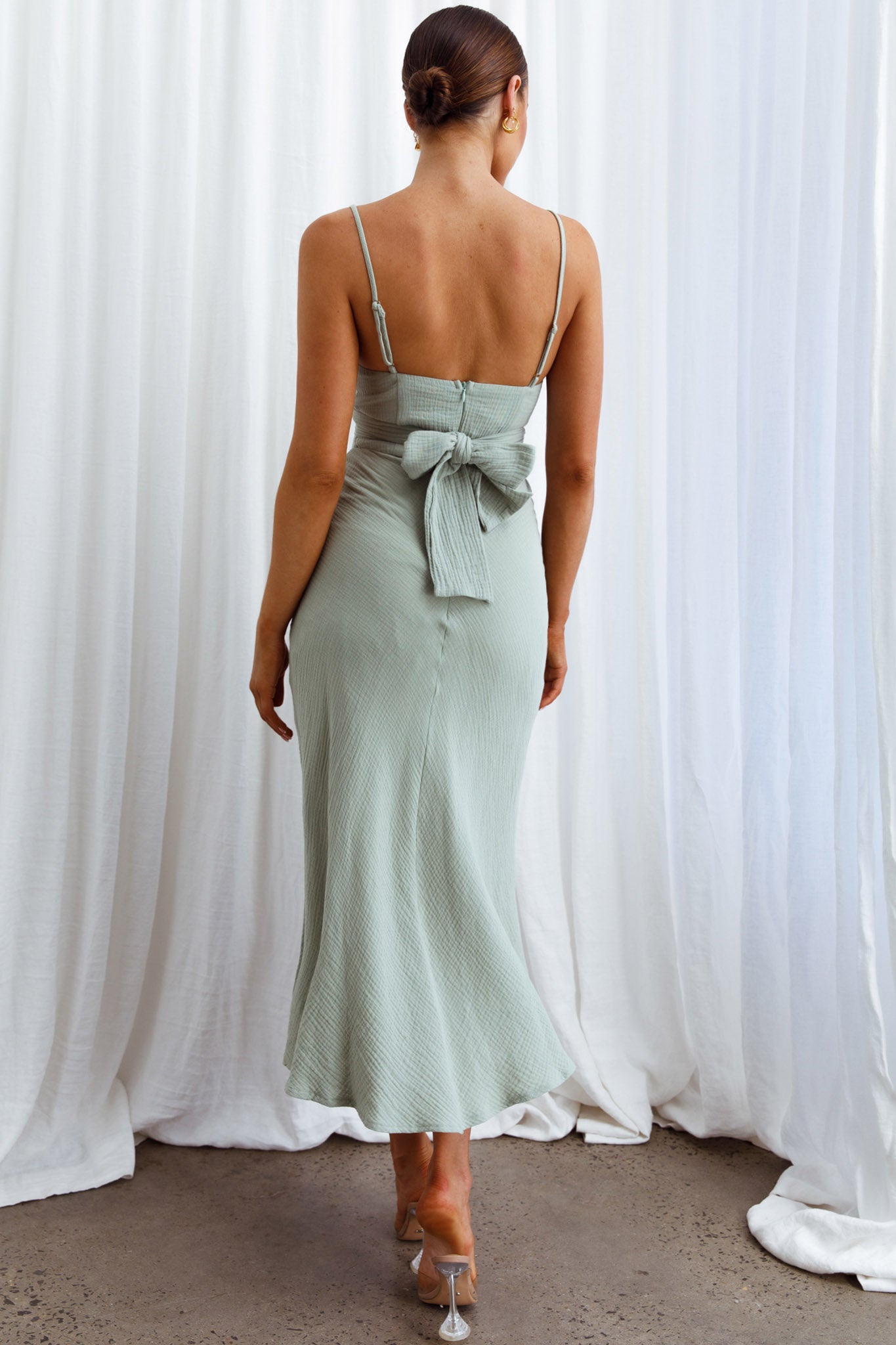Twin Flame Drawstring Bust Midi Dress Sage-Maymioy
