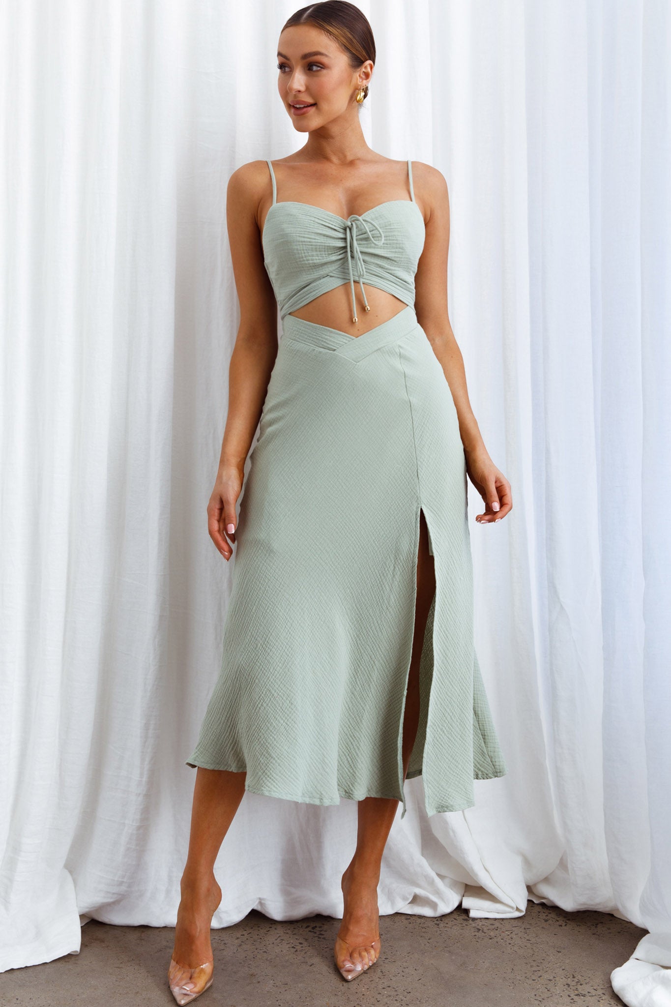 Twin Flame Drawstring Bust Midi Dress Sage-Maymioy