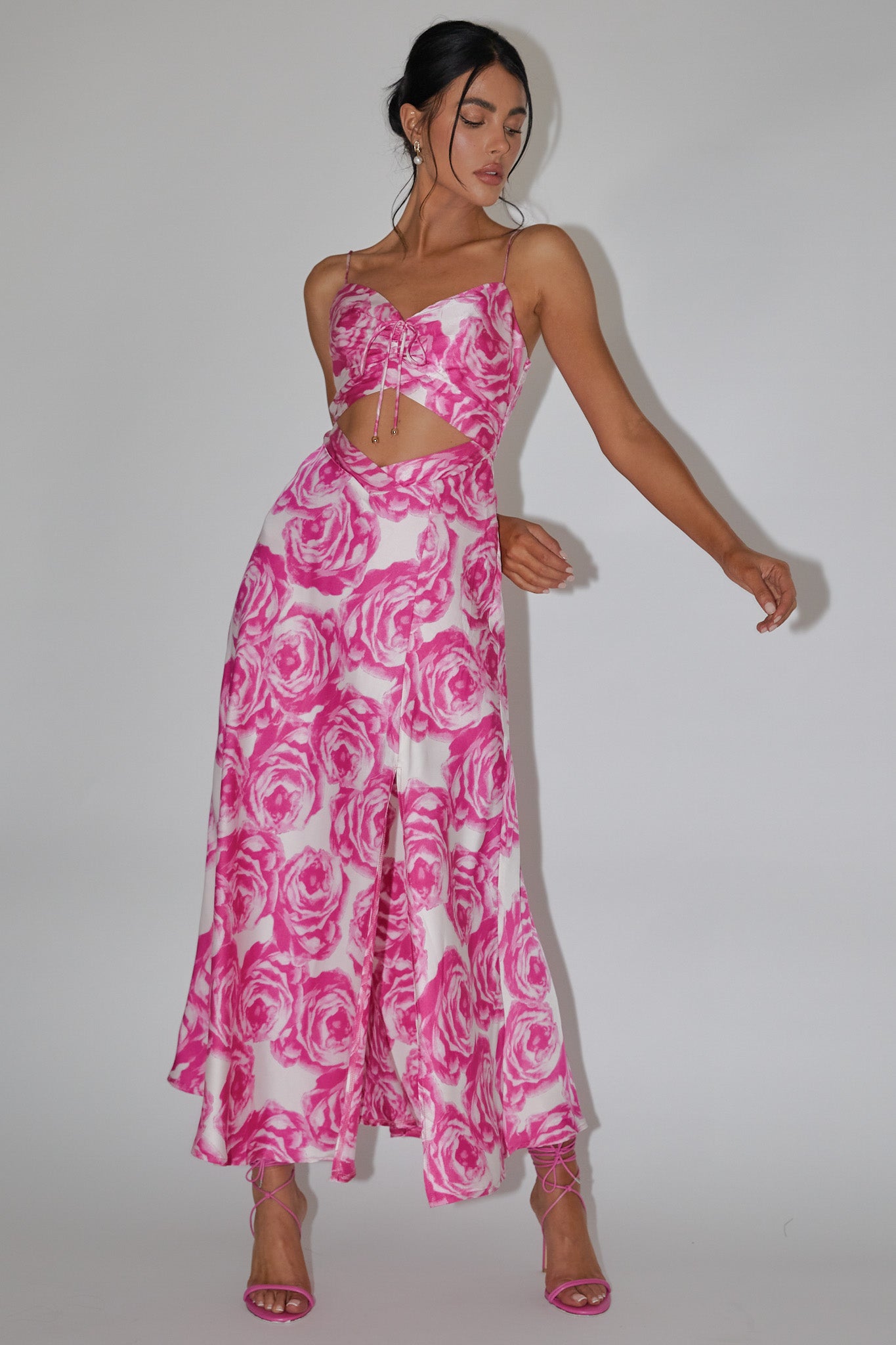 Twin Flame Drawstring Bust Midi Dress Floral Pink-Maymioy