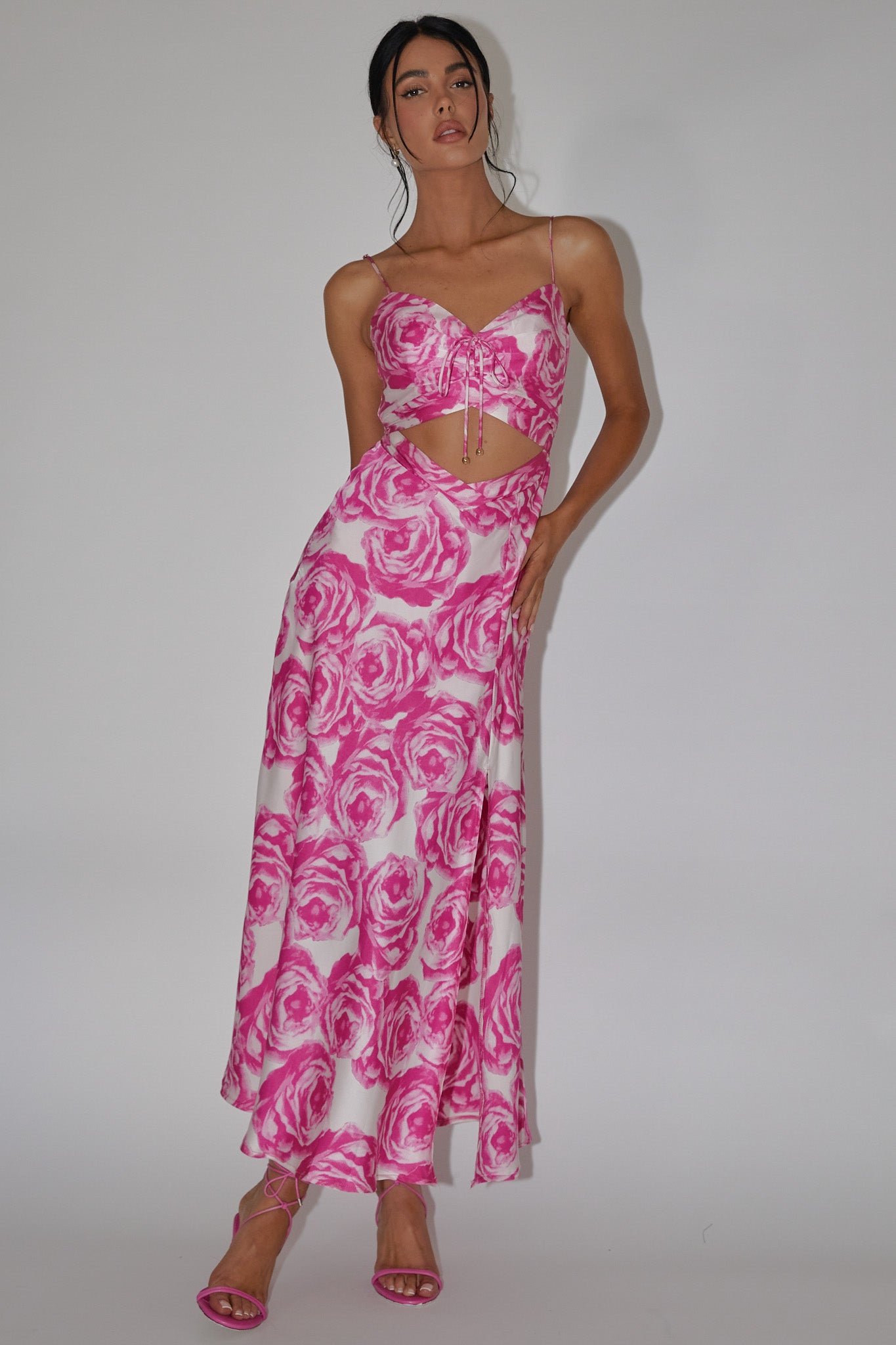 Twin Flame Drawstring Bust Midi Dress Floral Pink-Maymioy