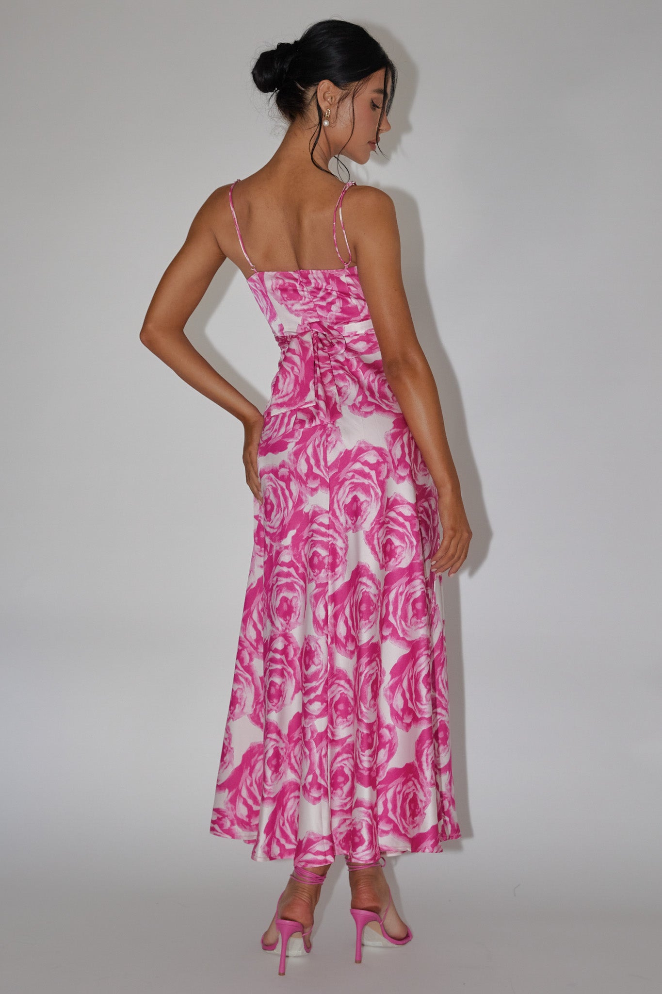 Twin Flame Drawstring Bust Midi Dress Floral Pink-Maymioy
