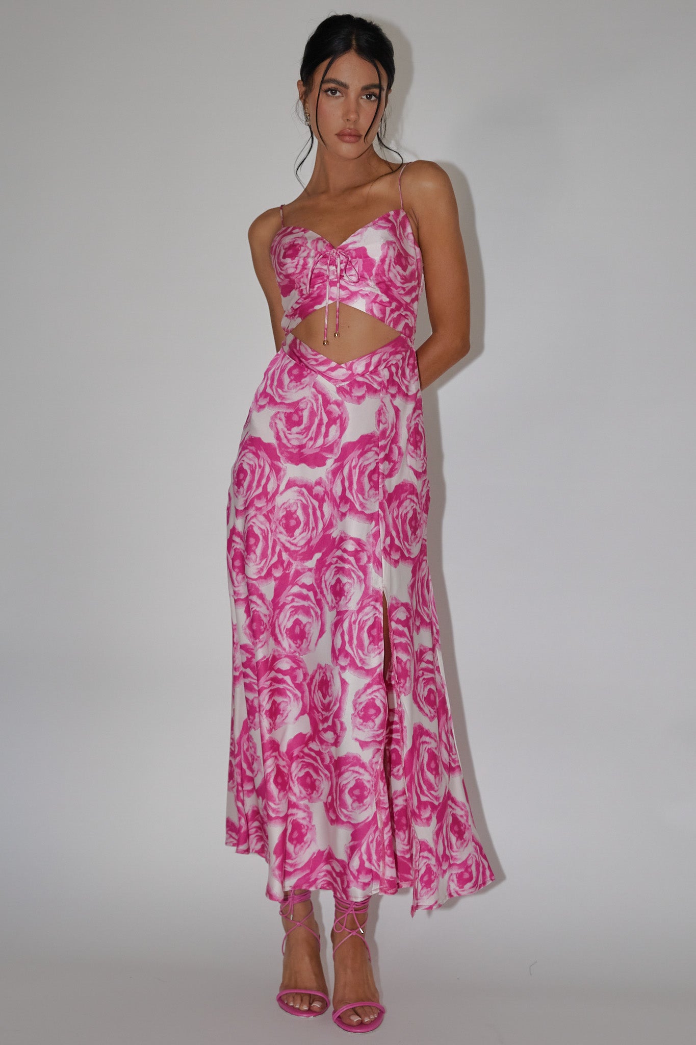 Twin Flame Drawstring Bust Midi Dress Floral Pink-Maymioy