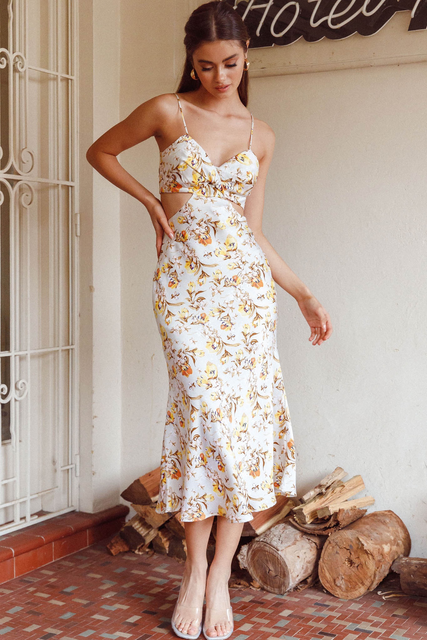 Cariba Cut-Out Waist Midi Dress Floral Yellow-Maymioy