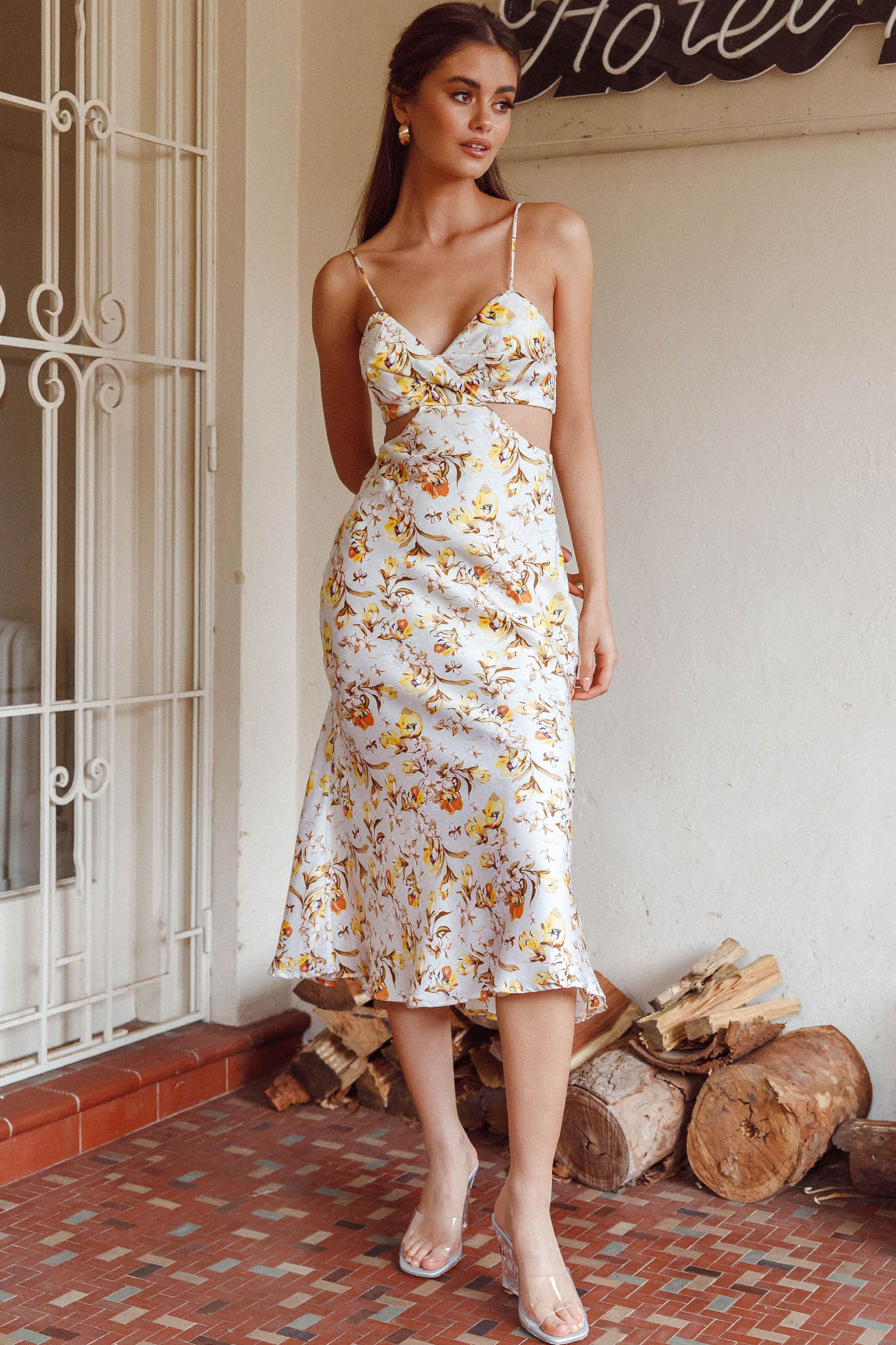Cariba Cut-Out Waist Midi Dress Floral Yellow-Maymioy