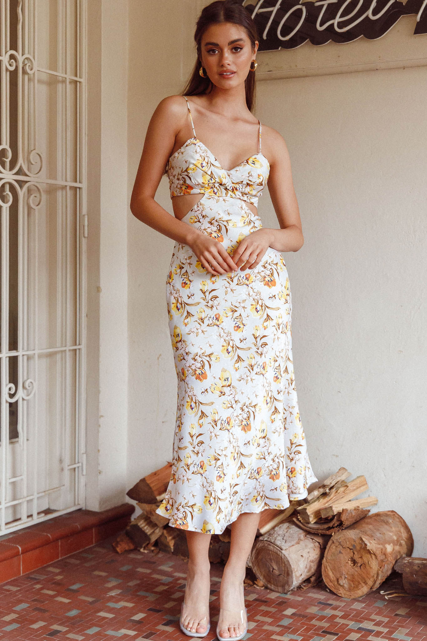 Cariba Cut-Out Waist Midi Dress Floral Yellow-Maymioy